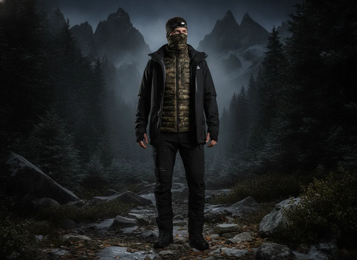 Black technical shell with camo mid layer and black base