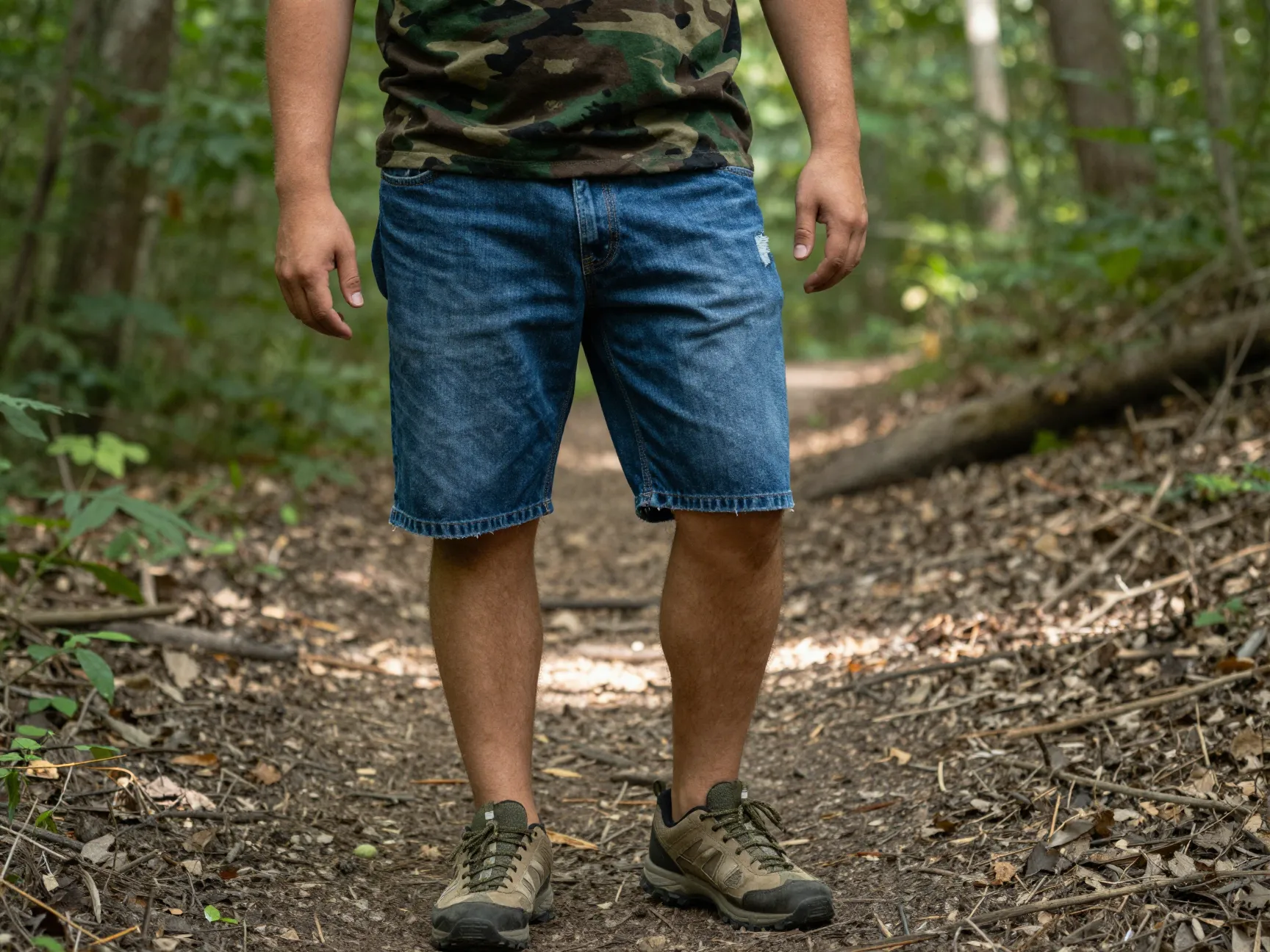 Classic indigo denim shorts with a woodland camo tee