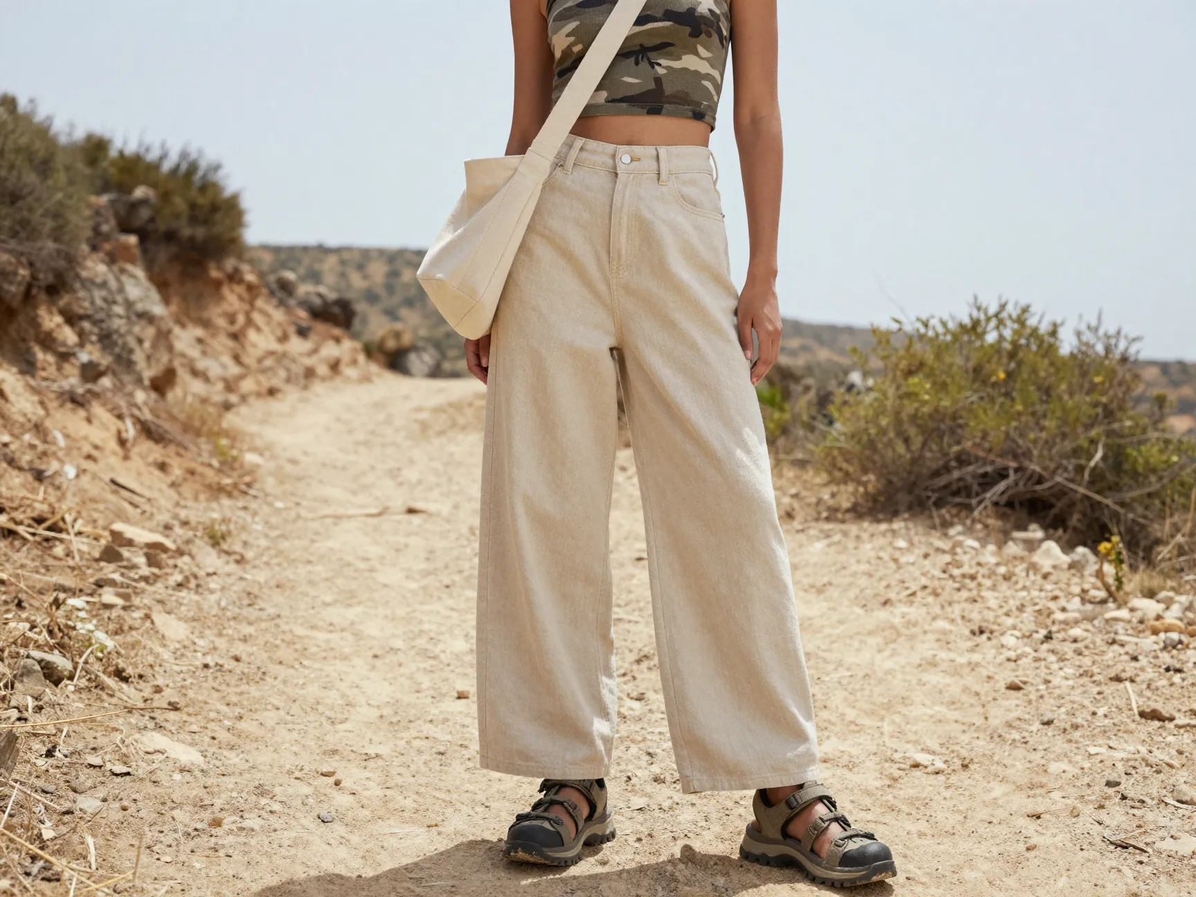 Wide leg denim trousers with a fitted camo crop top