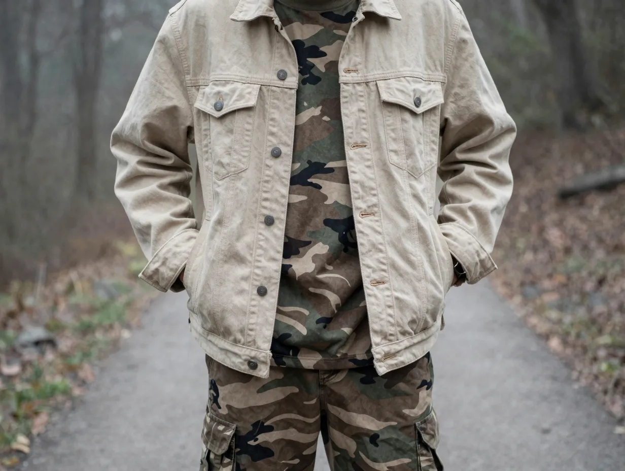 Sand colored denim jacket over a full camo outfit