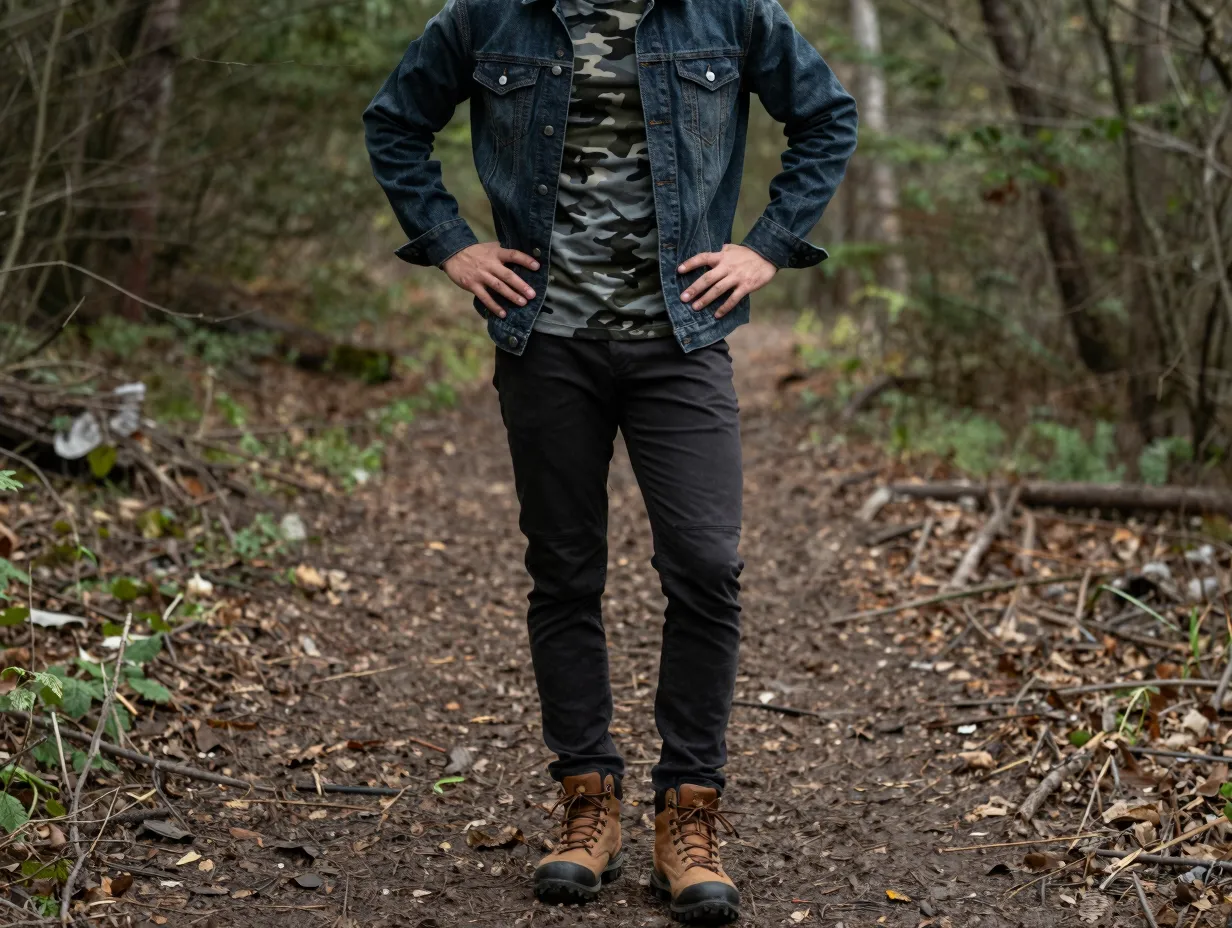 Raw denim overshirt worn open over a camo long sleeve