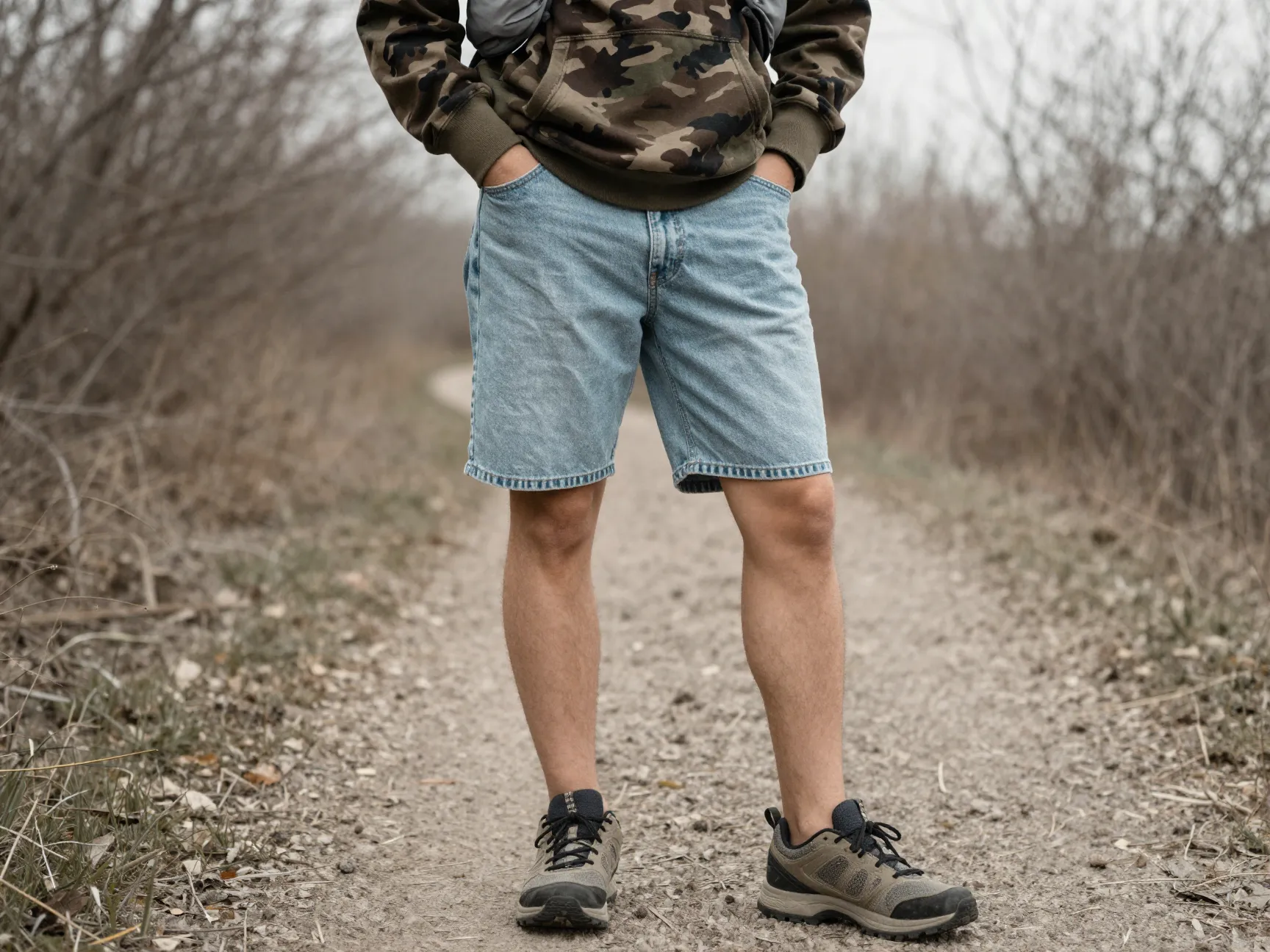 Light wash denim shorts with a camo hoodie
