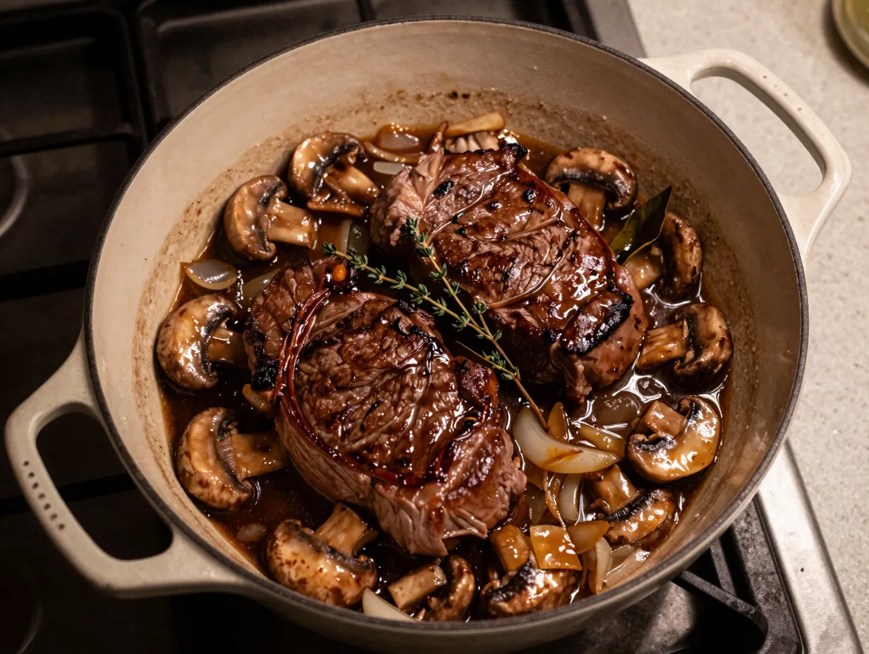 Slow braised venison round steak with mushrooms and onions