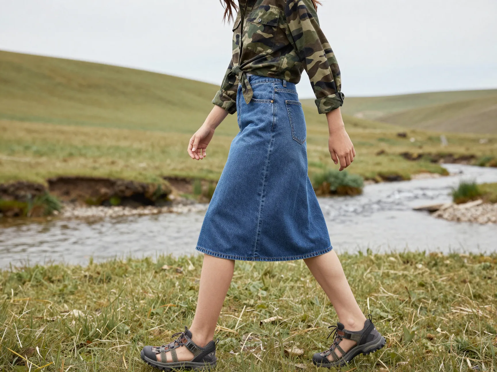 Denim skirt with a camo button down shirt