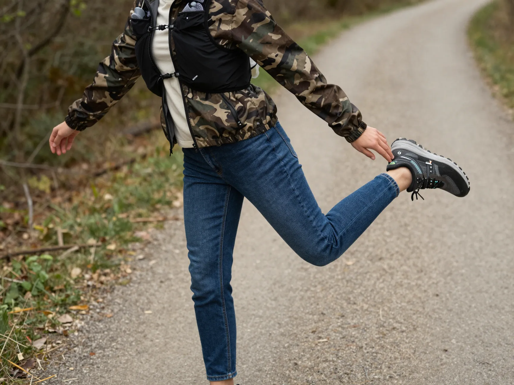 Indigo denim joggers with a camo windbreaker