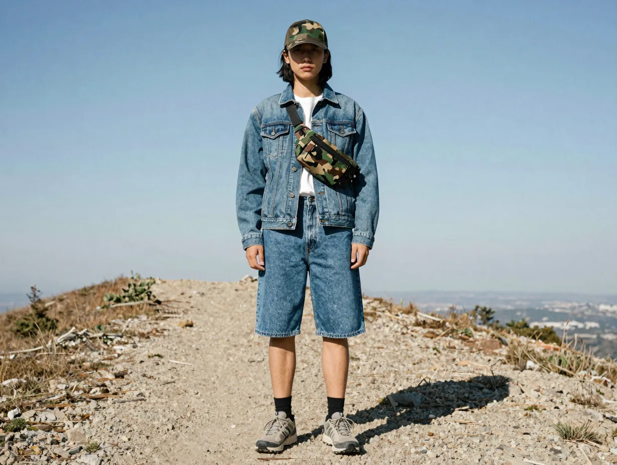 Full denim on denim with a camo accessory layer