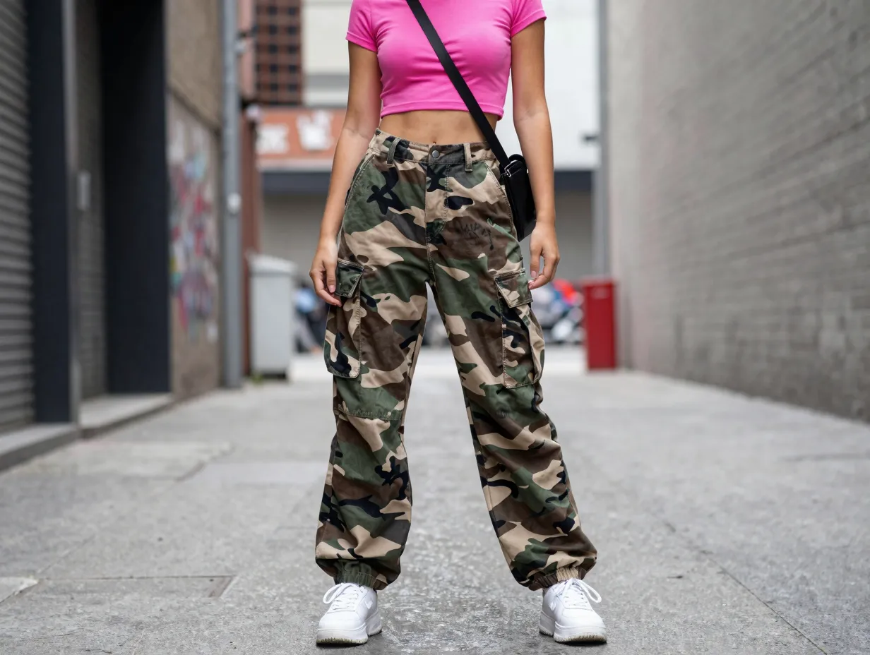 1 hot pink crop top and camo cargo pants