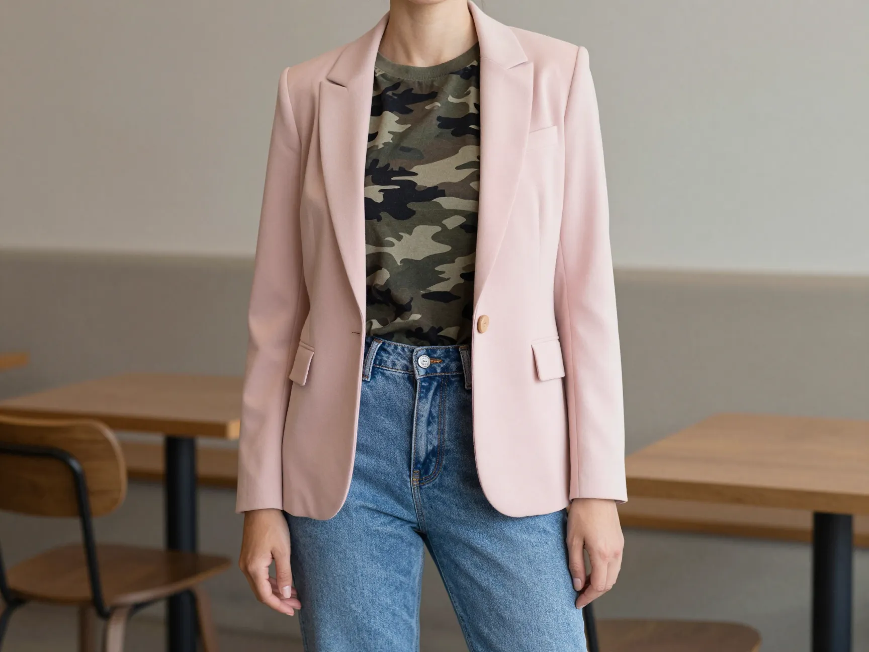 2 blush pink blazer over a camo tee
