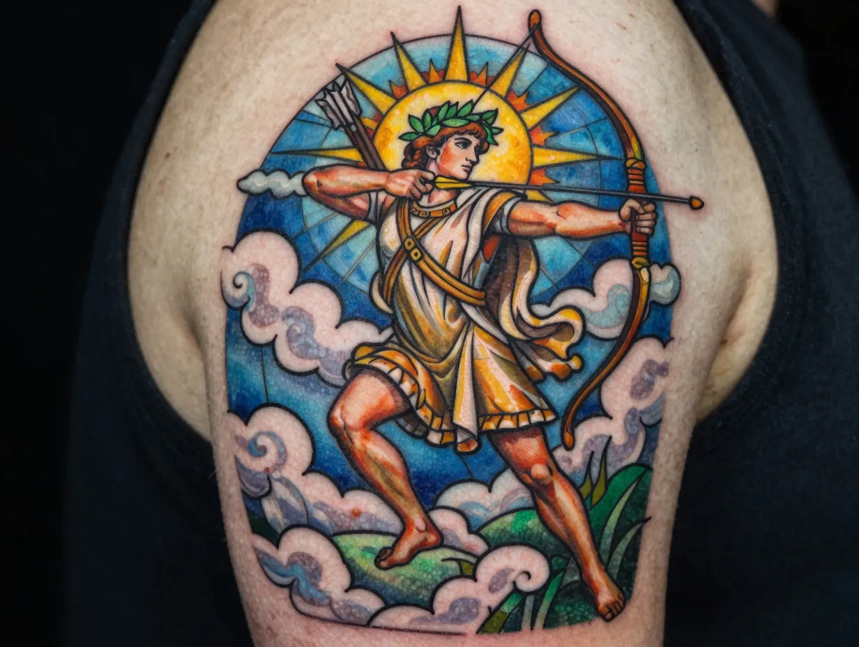 Neo traditional apollo in full figure with drawn bow