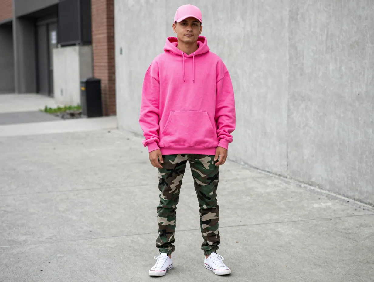 5 camo pants and an oversized pink hoodie