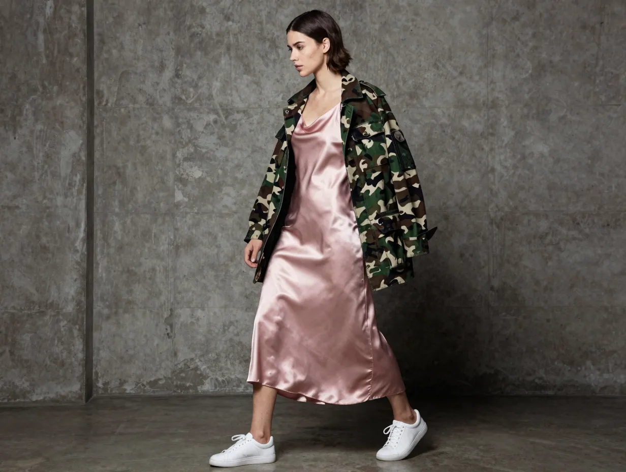 6 pink satin slip dress and camo utility jacket