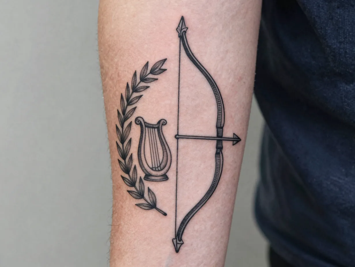 Illustrative apollo bow with laurel and lyre motifs