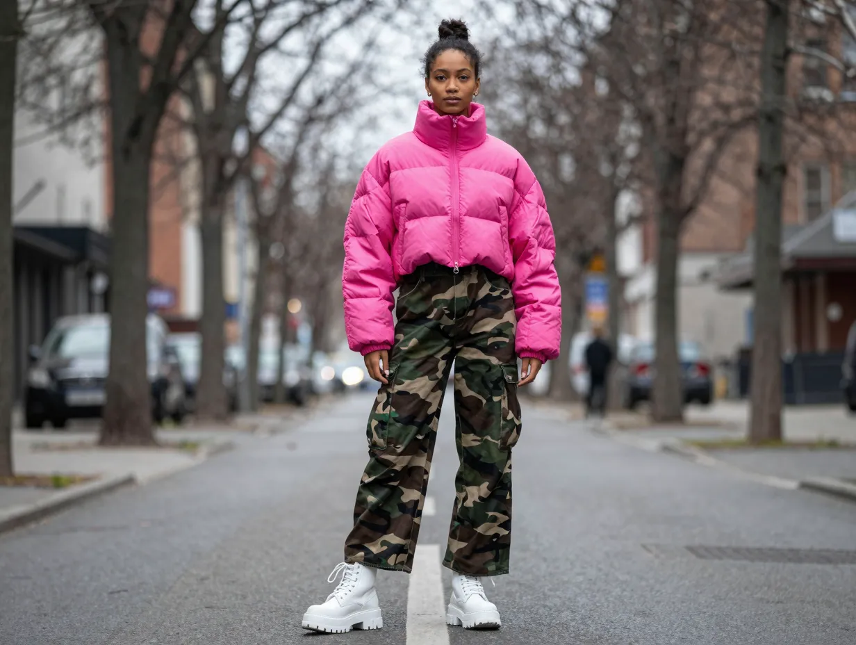 9 pink puffer jacket and camo trousers