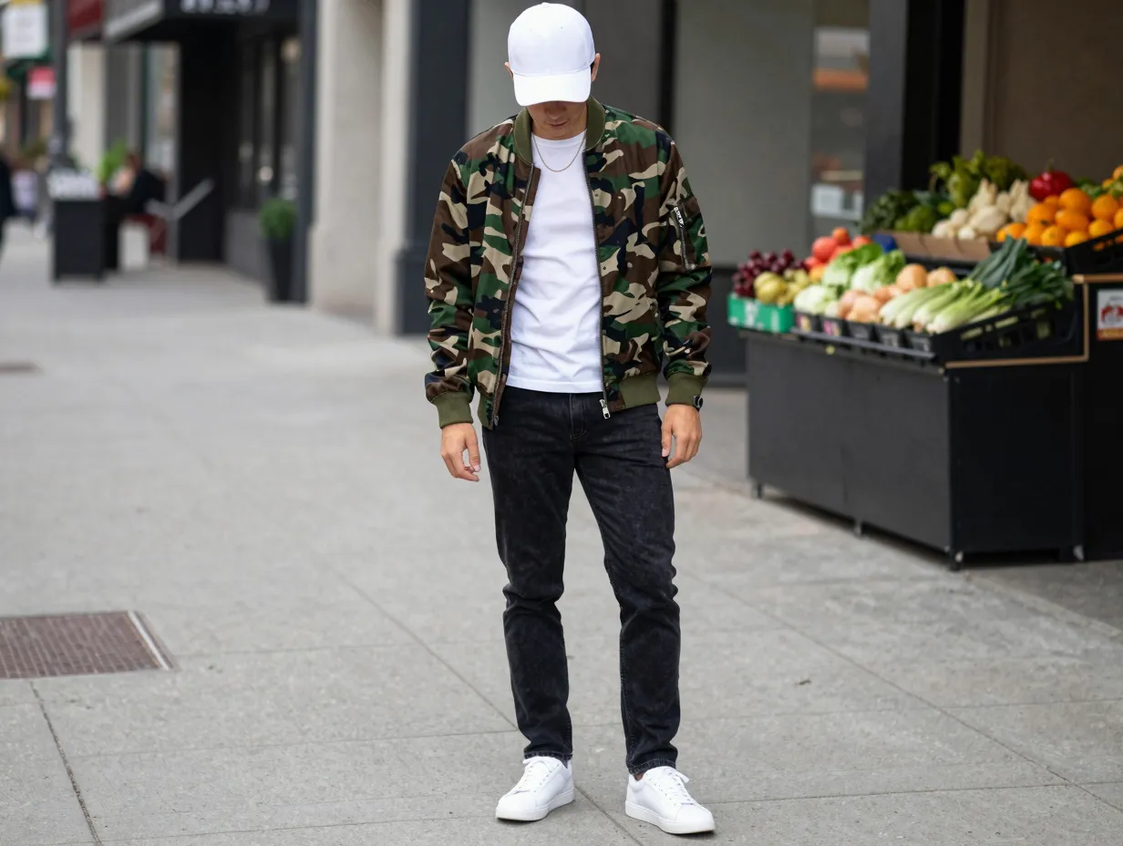 The camo bomber and white sneaker combo