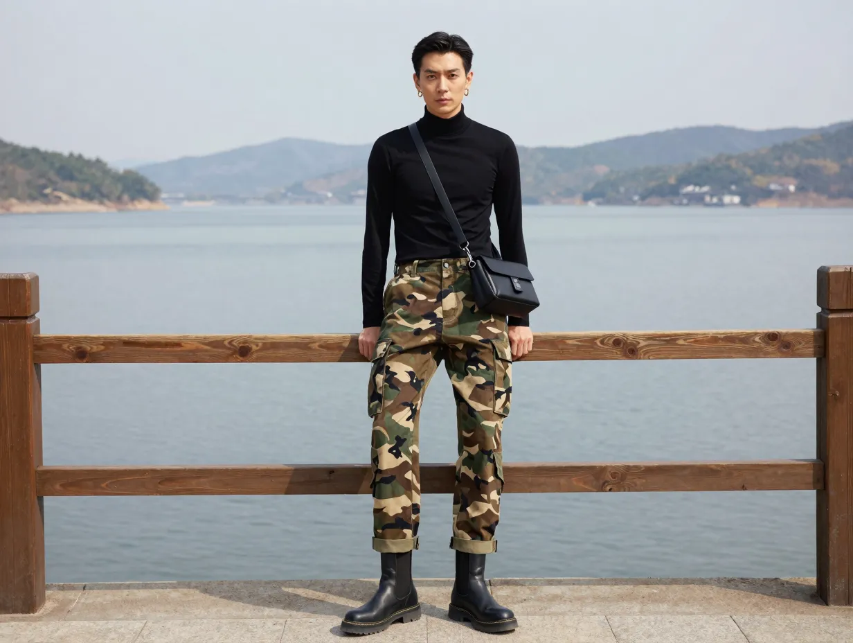 The camo cargo pants with a fitted black turtleneck