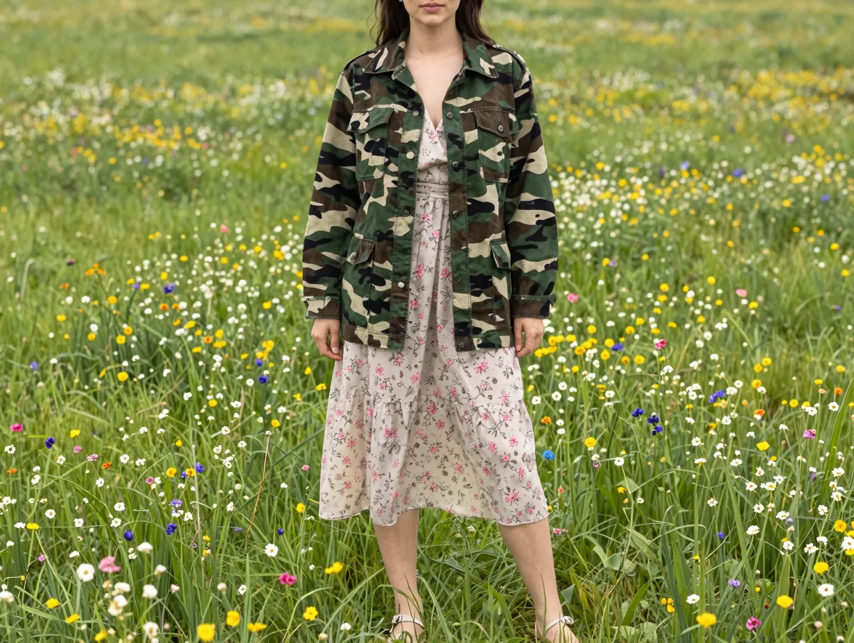 The camo jacket over a floral dress