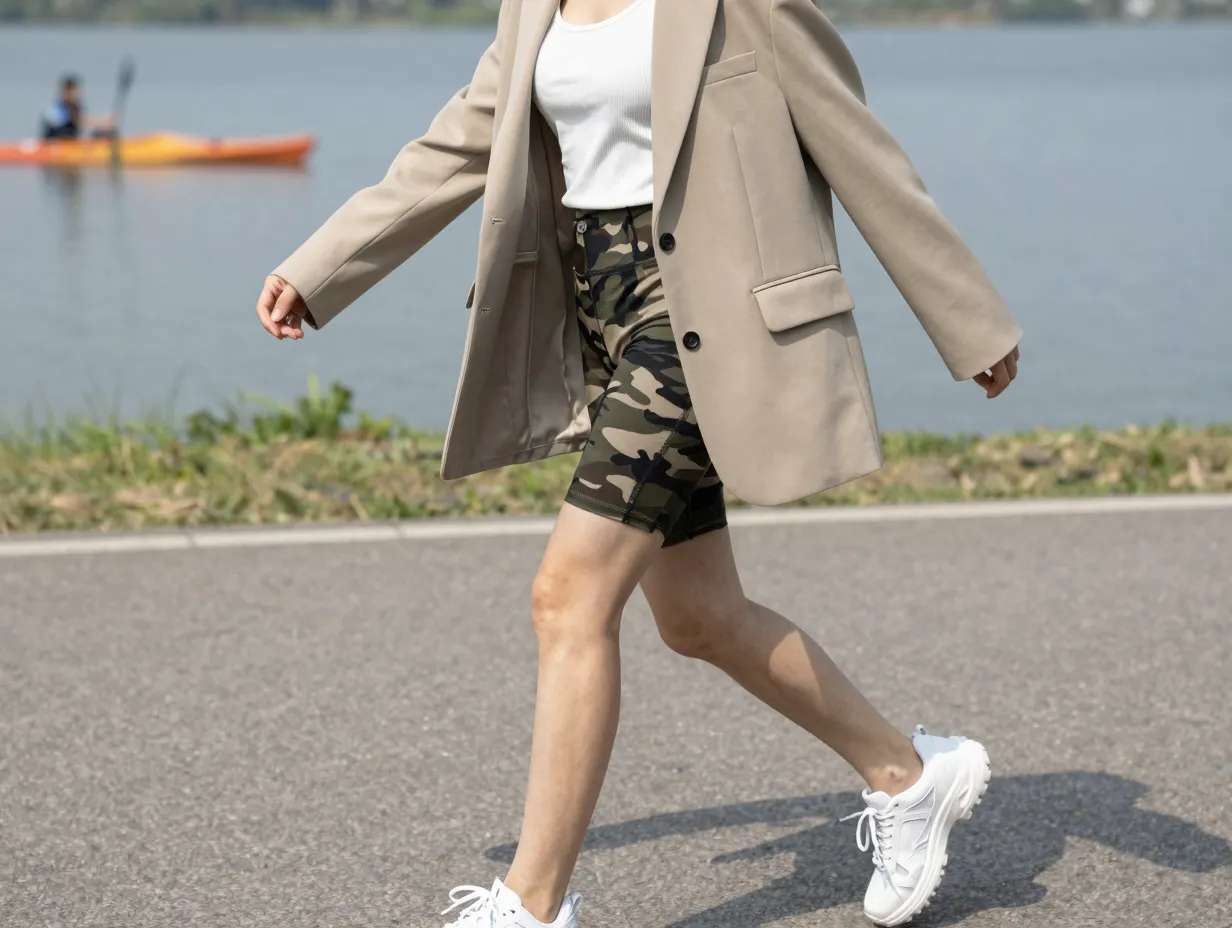The camo biker shorts with an oversized blazer