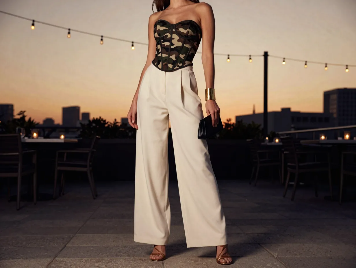 The camo corset top with high waisted trousers