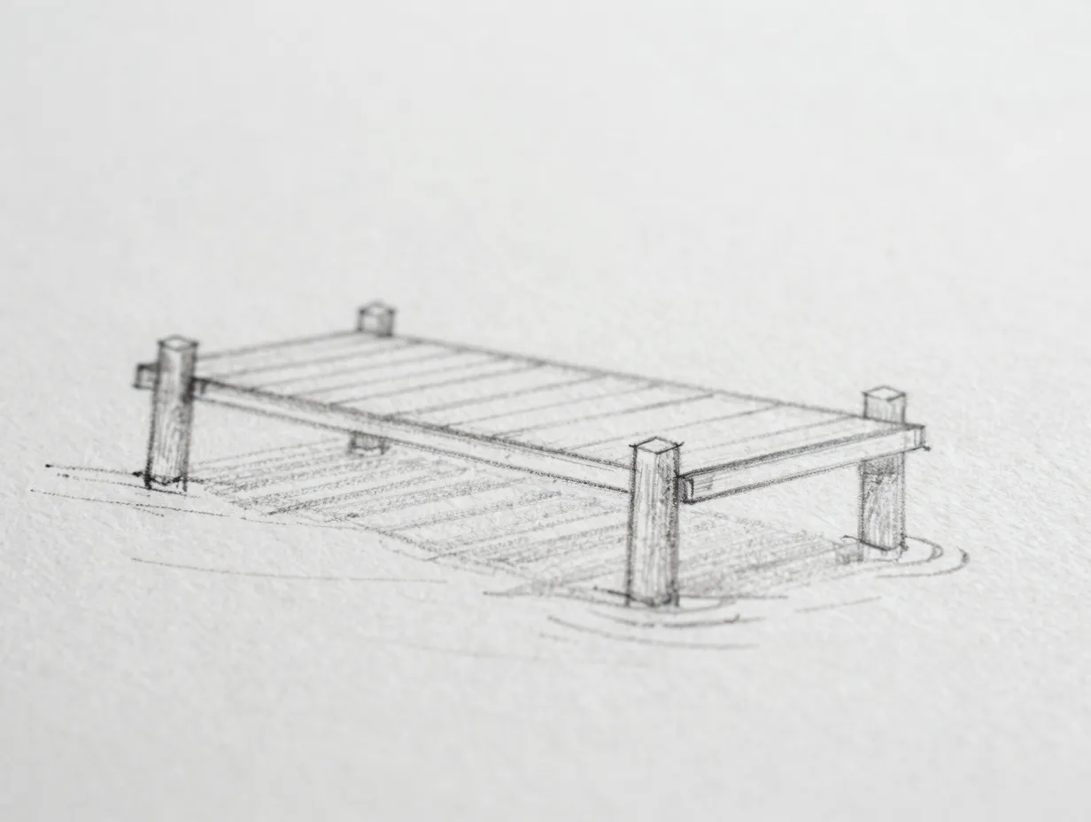 Block in the dock and water with light construction lines