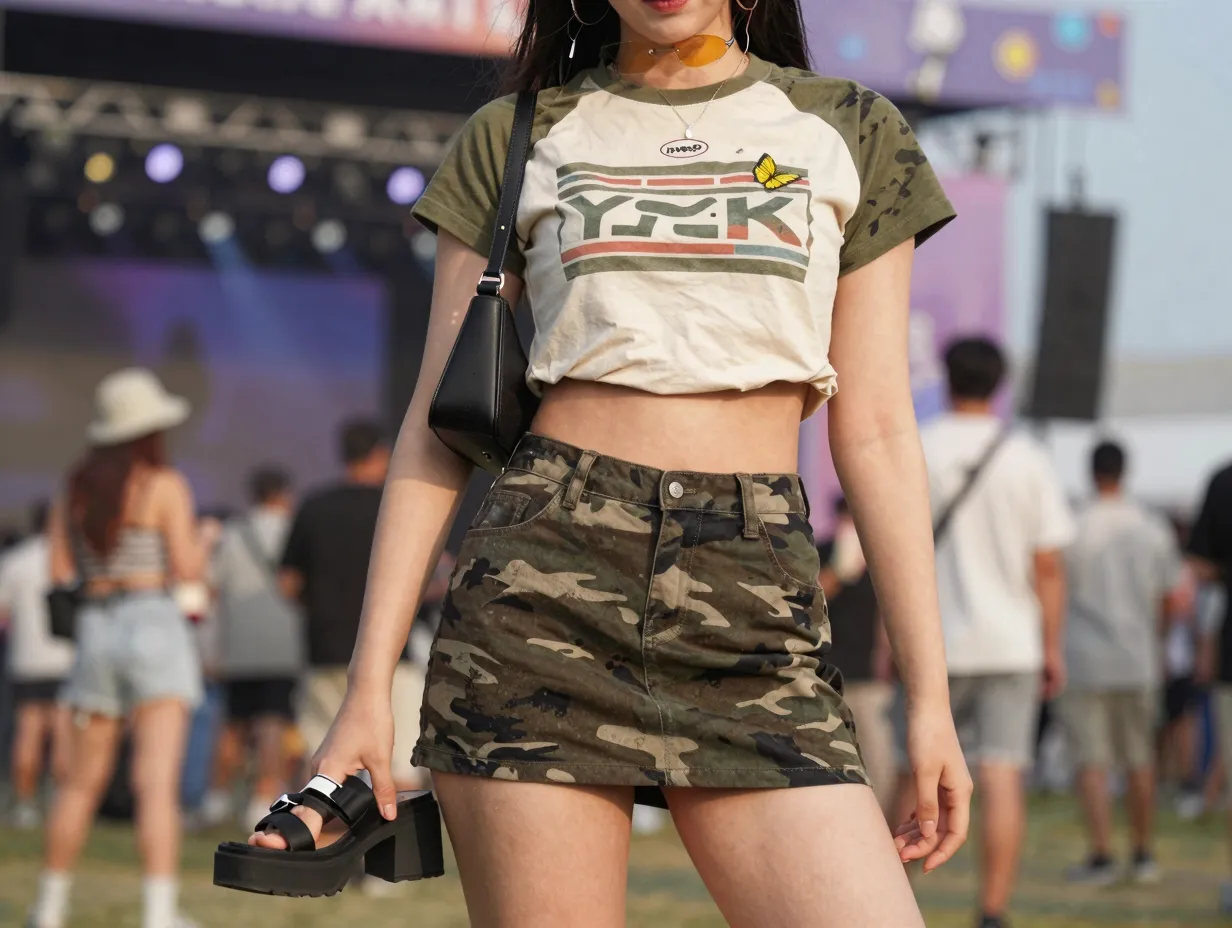 3 camo mini skirt and shrunken graphic tee