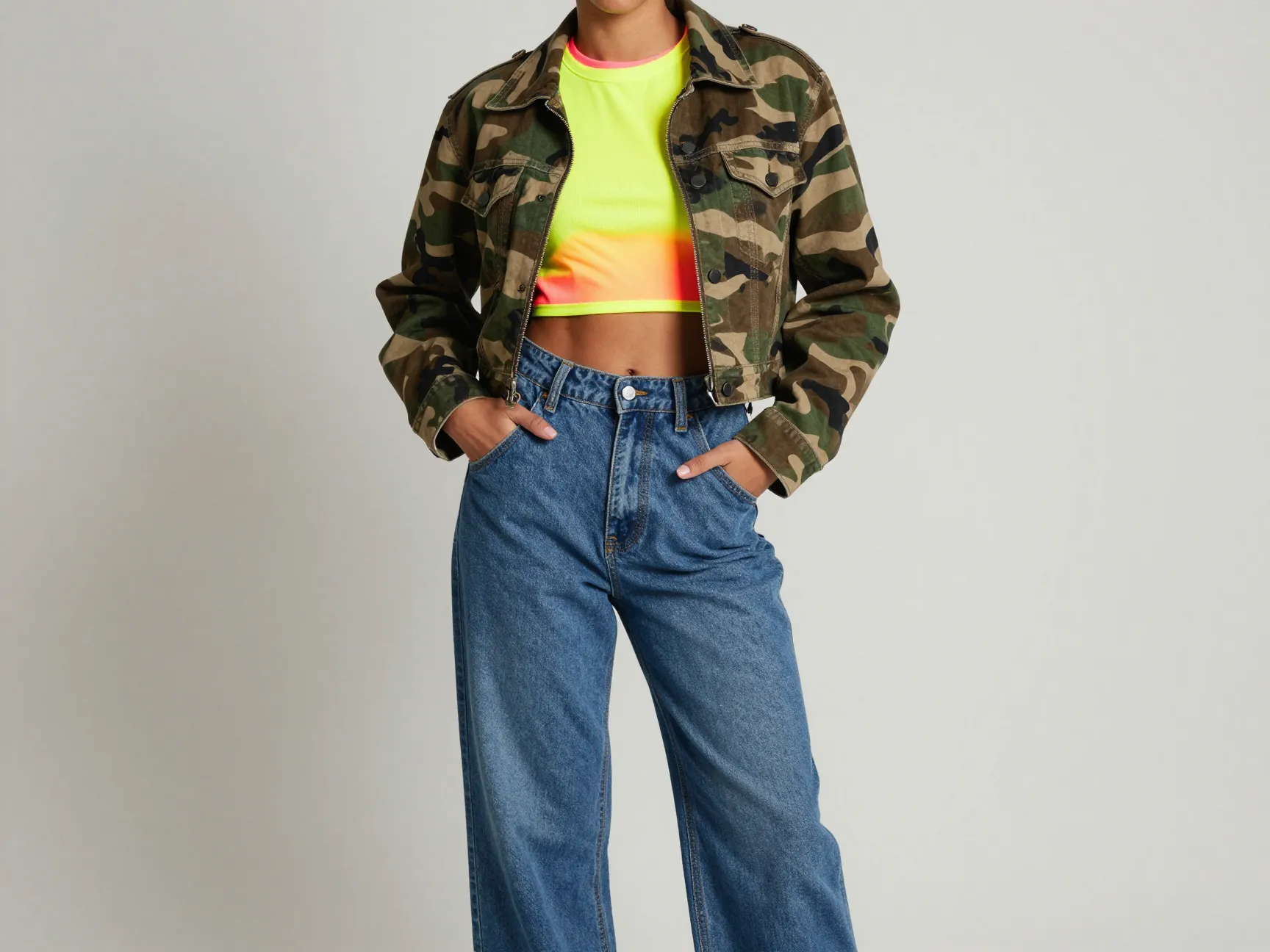 4 camo jacket over neon crop top and wide leg jeans