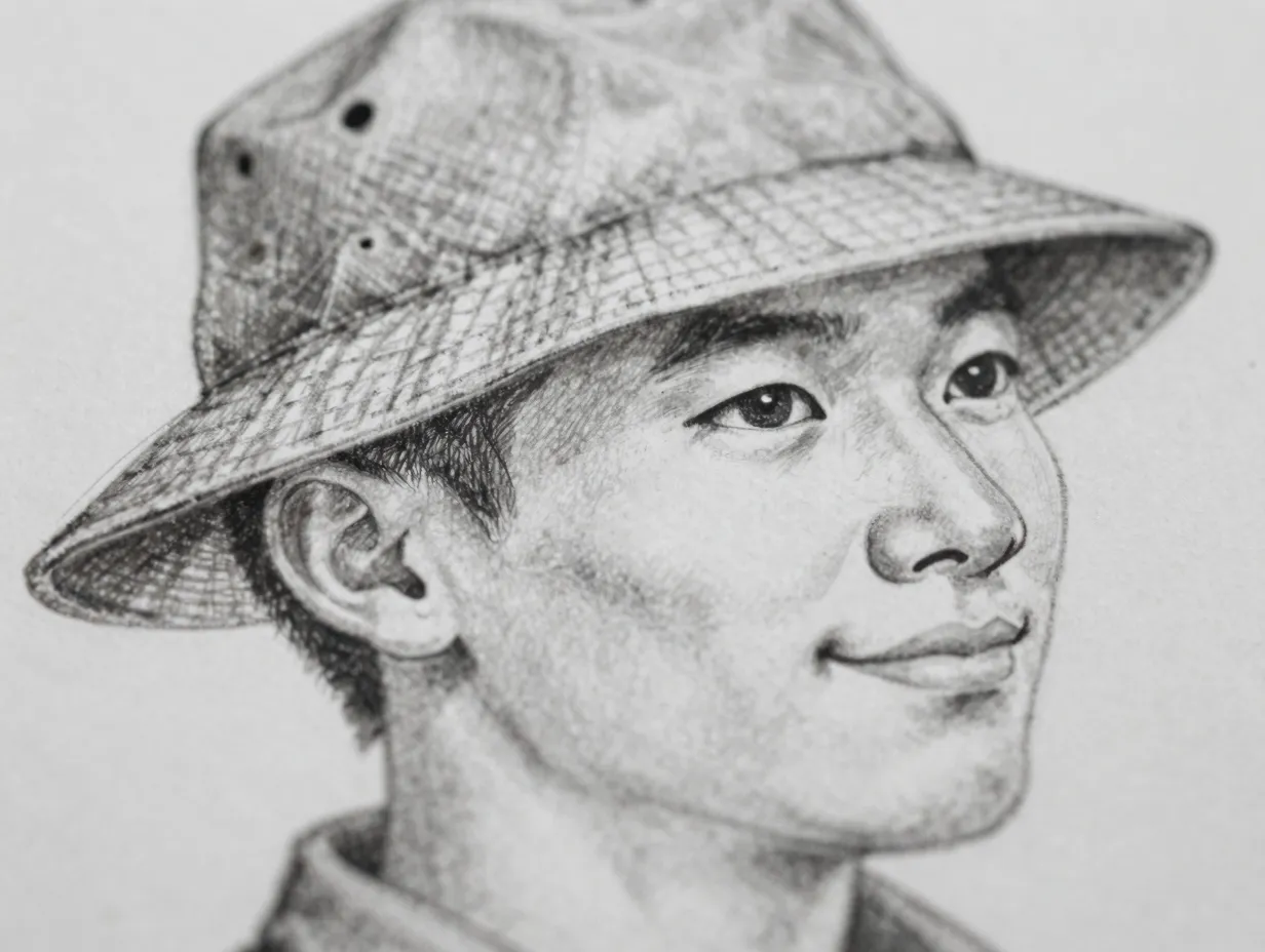 Draw the head face and hat with careful detail