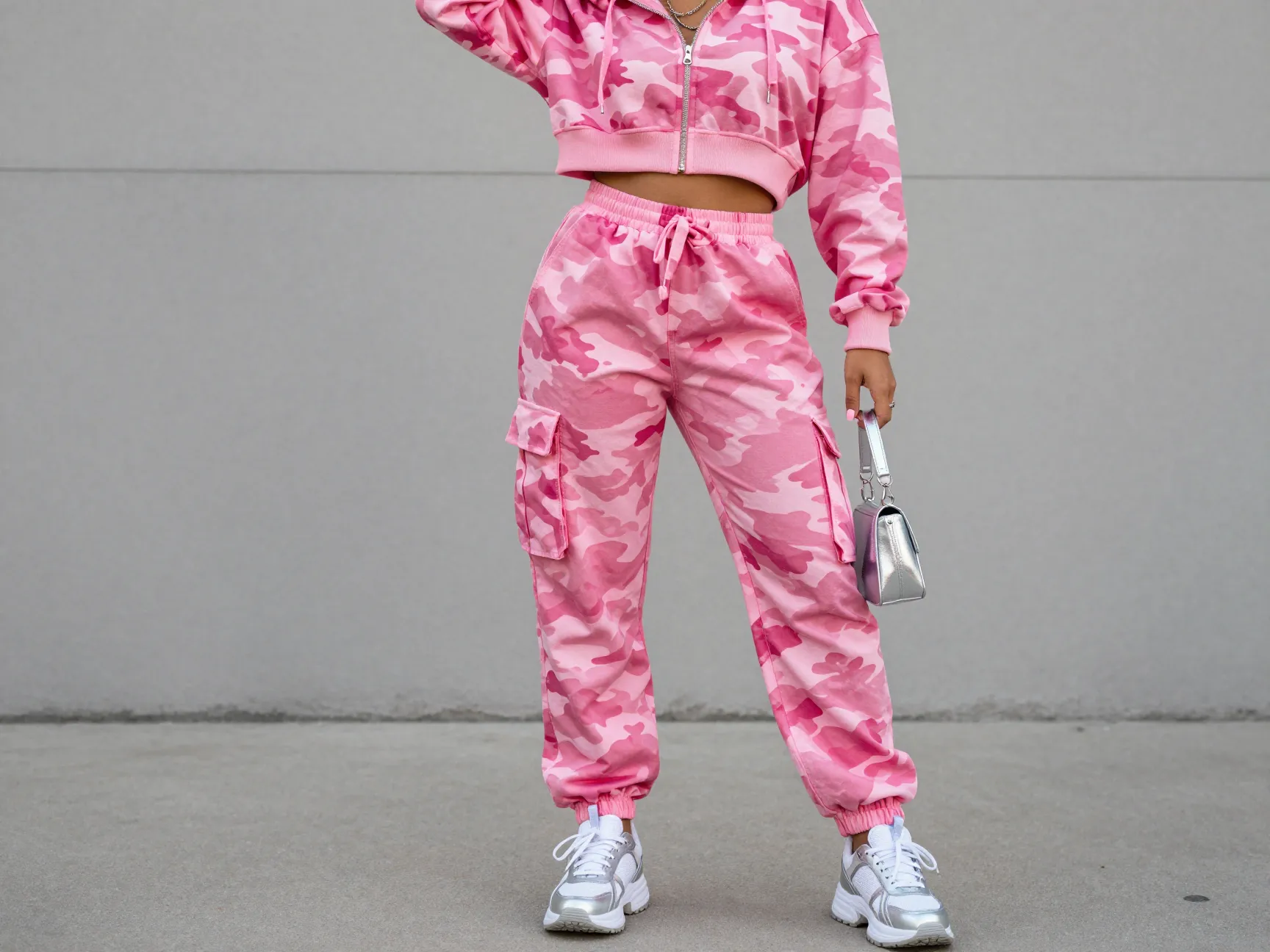6 pink camo two piece set and chunky sneakers