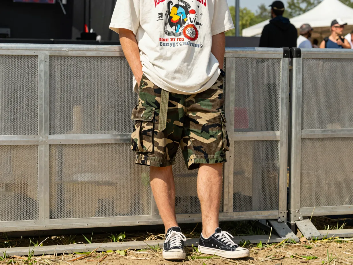 7 camo cargo shorts and oversized tee