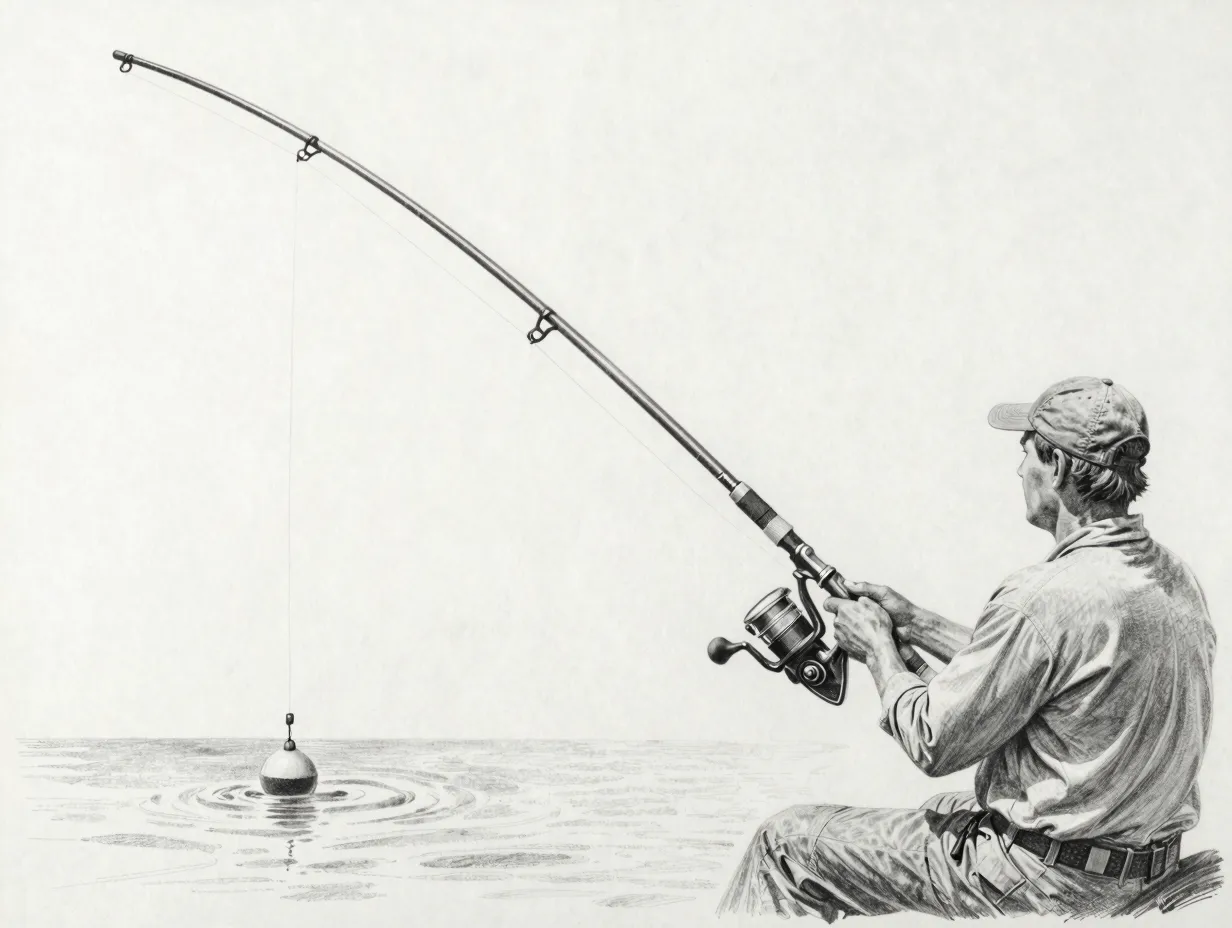 Draw the fishing rod reel line bobber and hook