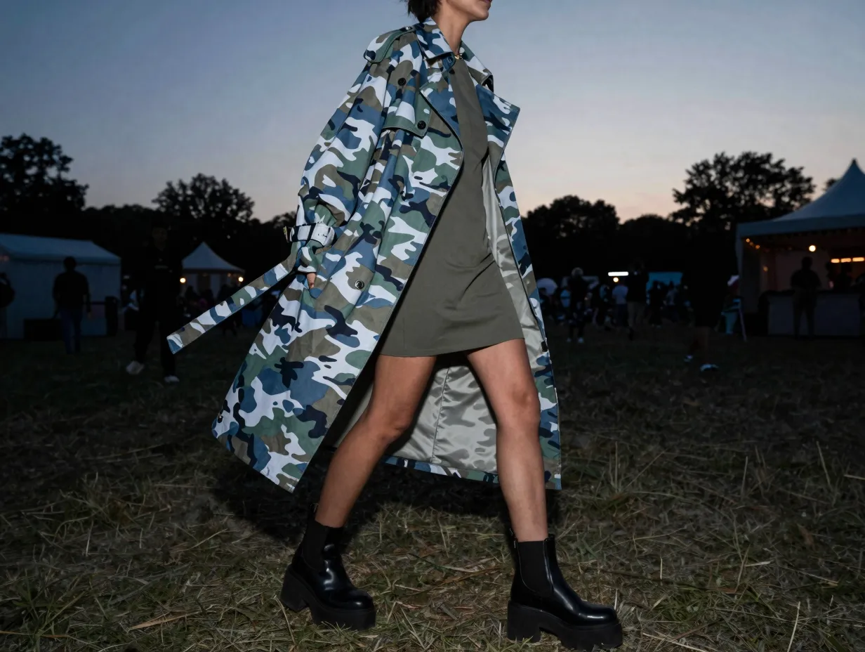 8 camo trench coat over mini dress