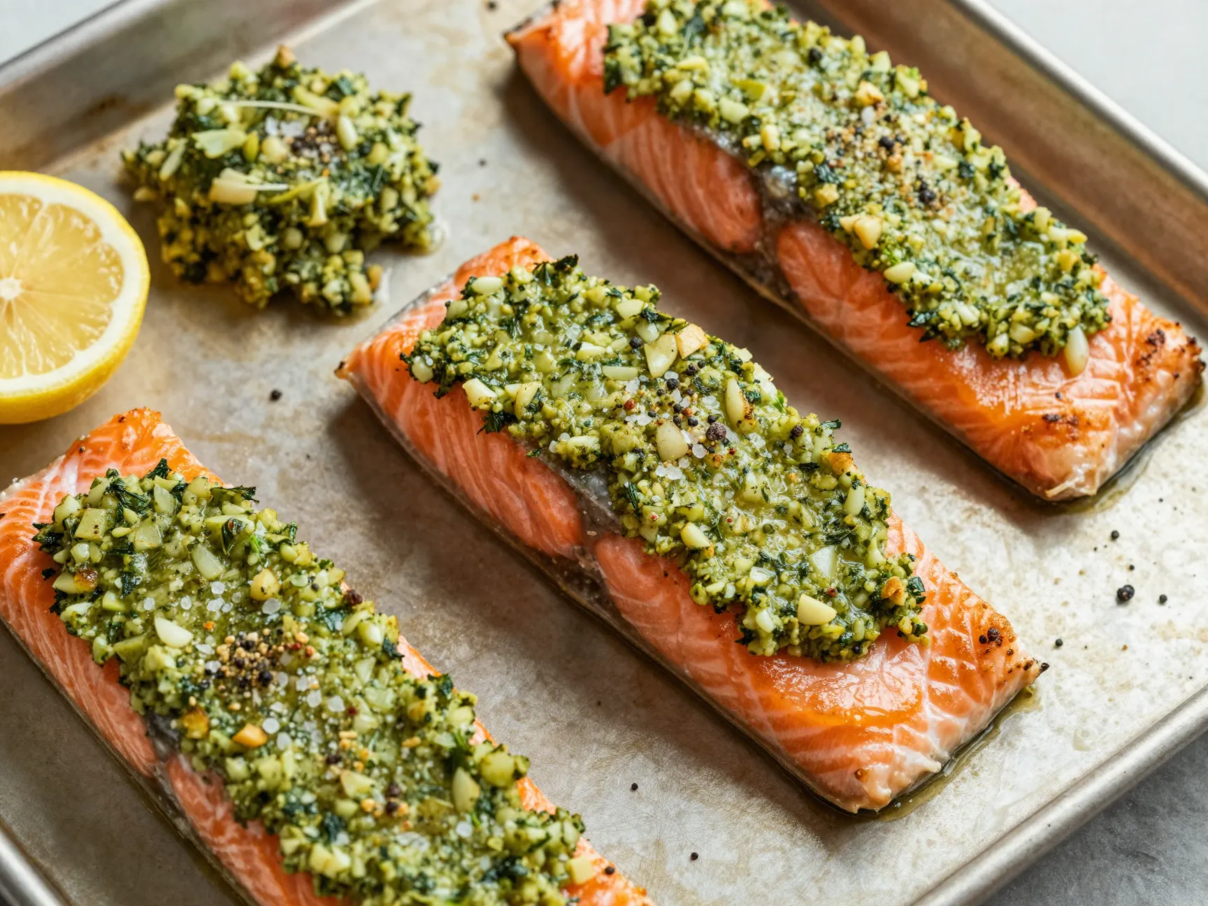 Herb crusted baked salmon with lemon and garlic
