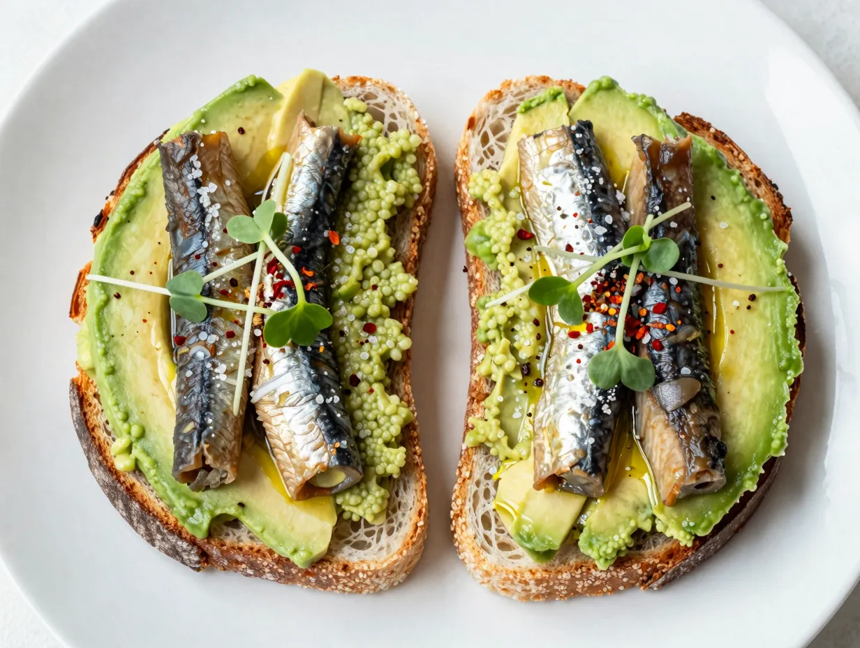 Sardine and avocado toast with microgreens