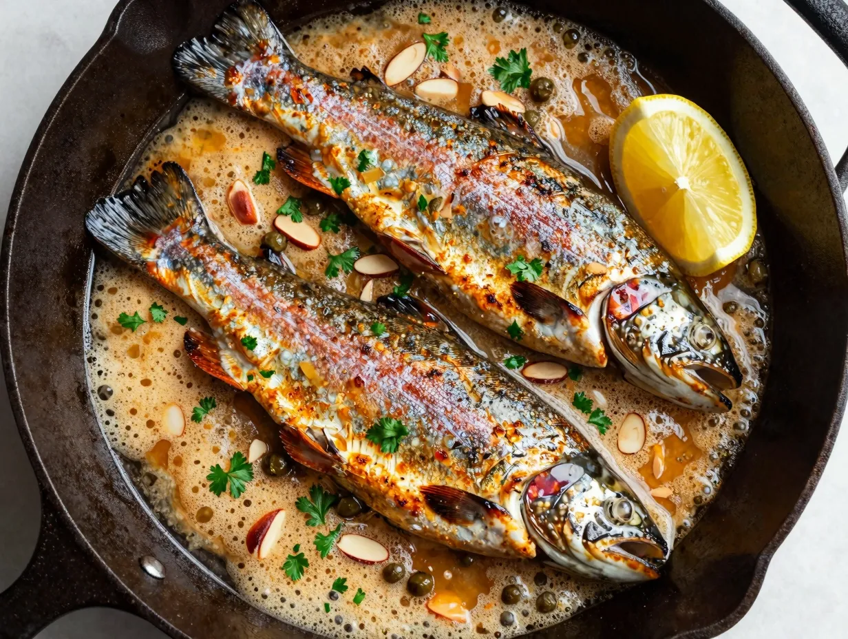 Pan seared rainbow trout with brown butter and almonds