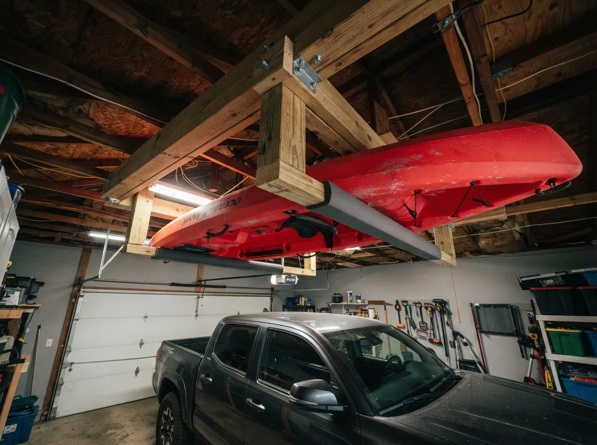 Overhead garage ceiling rack flat storage