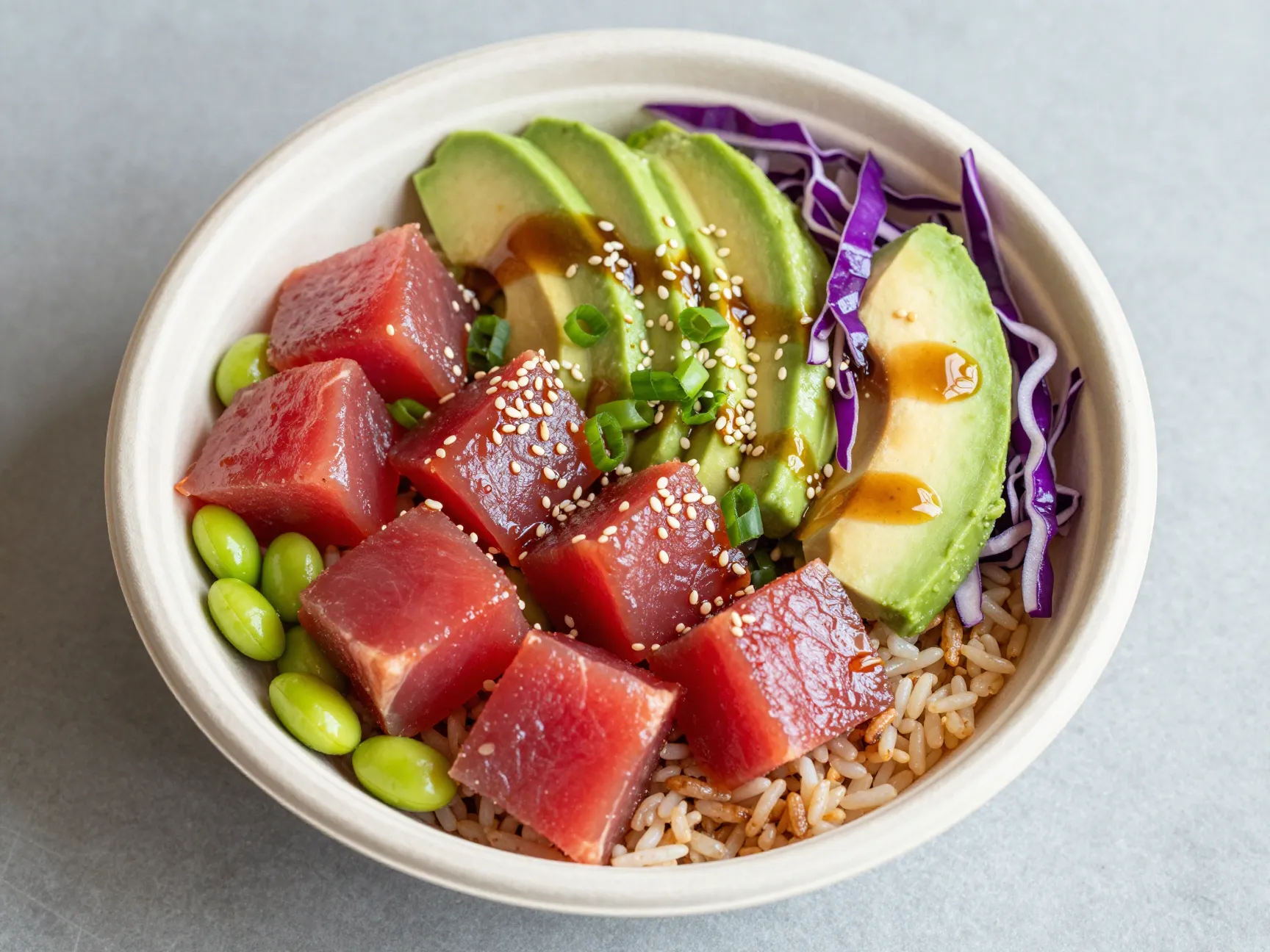 Tuna poke bowl with avocado edamame and sesame dressing