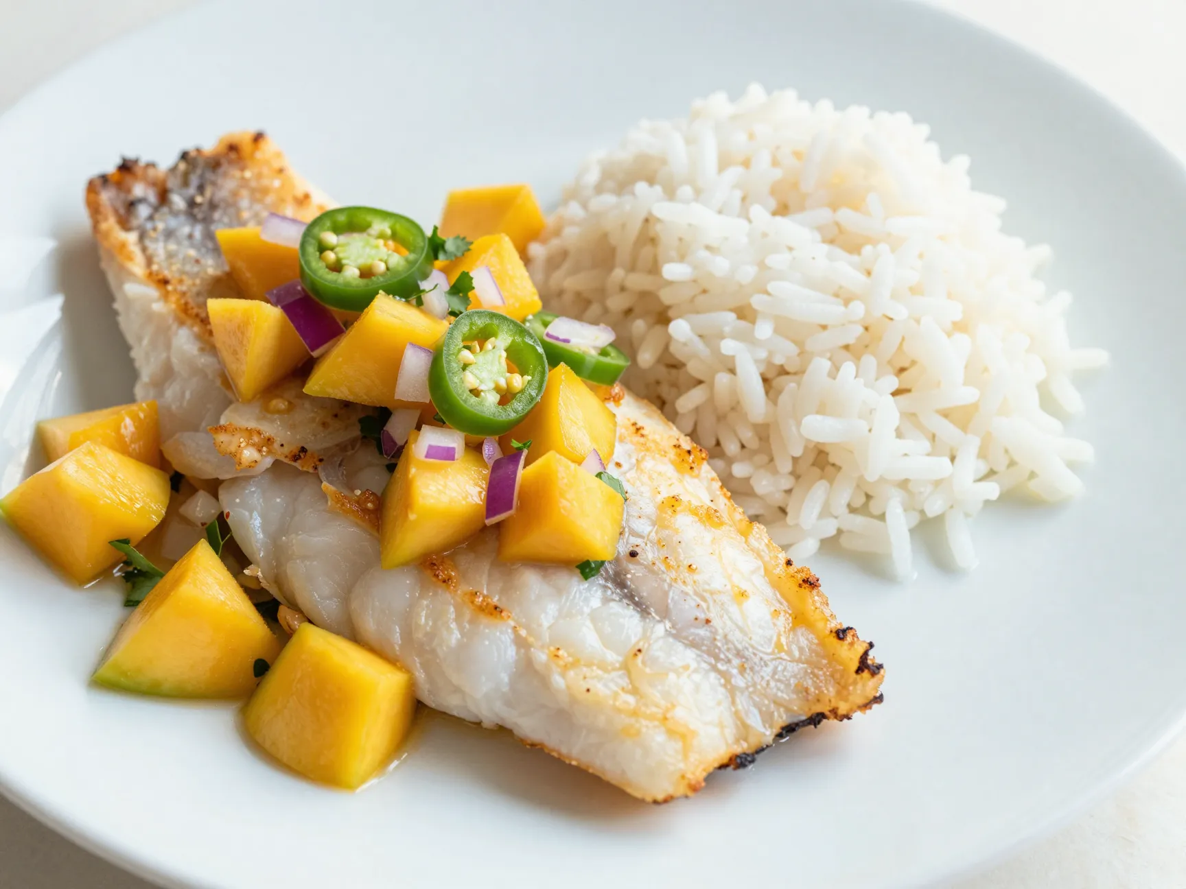 Baked cod with mango salsa and coconut rice