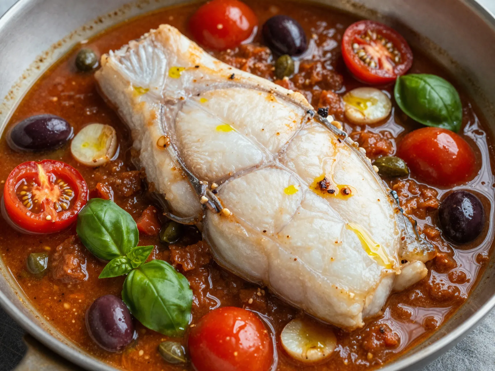 Mediterranean halibut with capers olives and cherry tomatoes