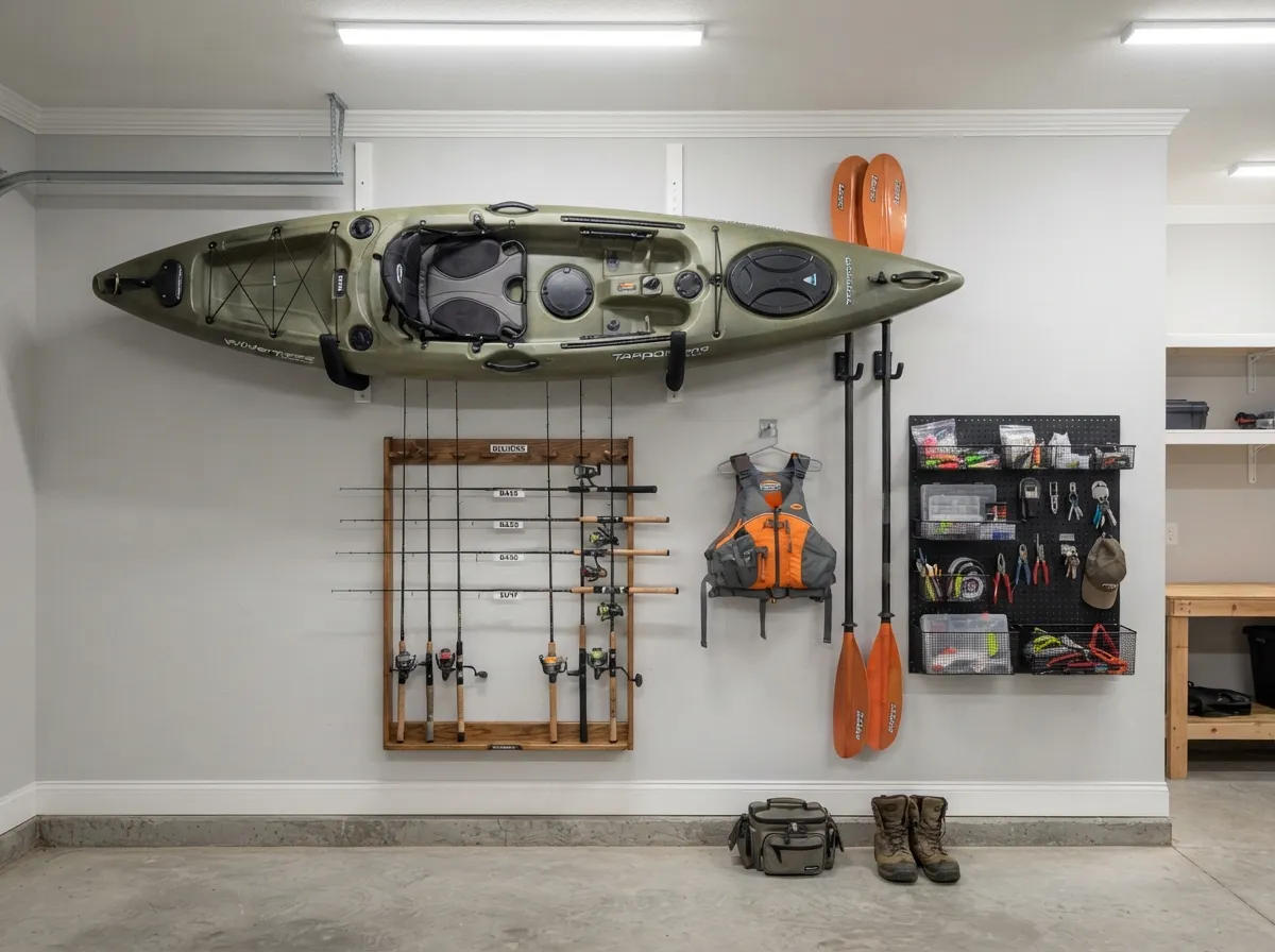 Garage wall mounted fishing kayak organization system