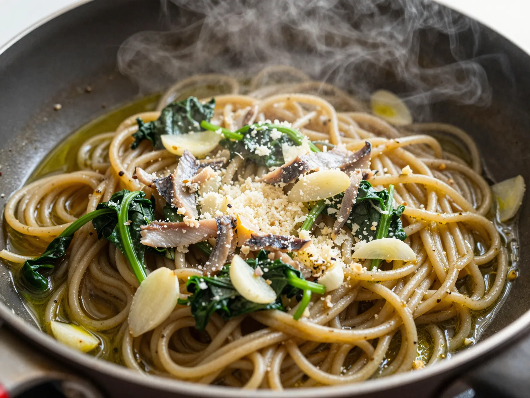 Anchovy and spinach pasta with garlic and olive oil