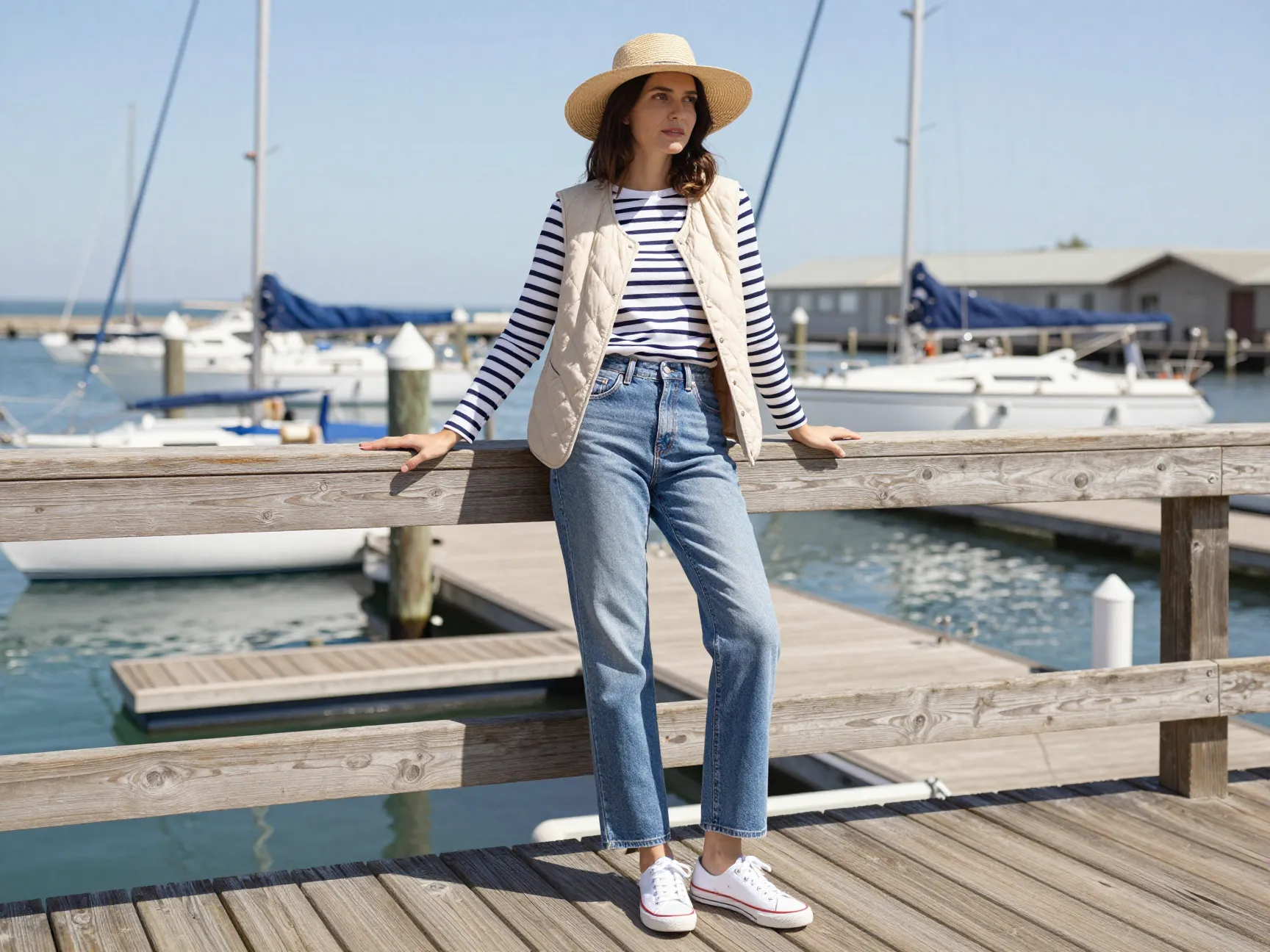 The striped breton top and high waist jean combination