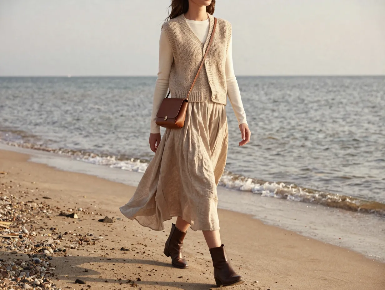 The fisherman knit vest and midi skirt pairing