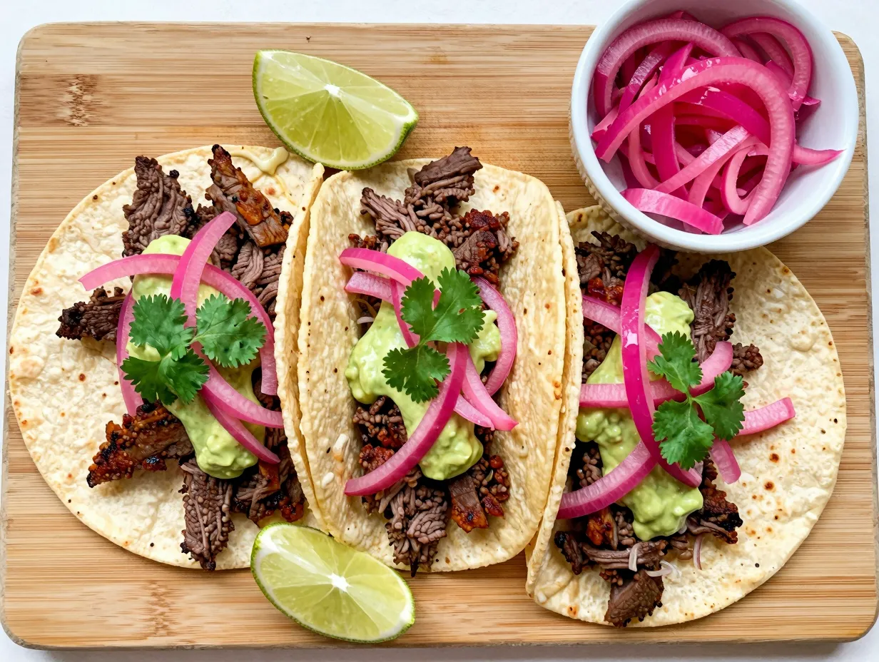 Venison tacos with pickled red onion and avocado crema