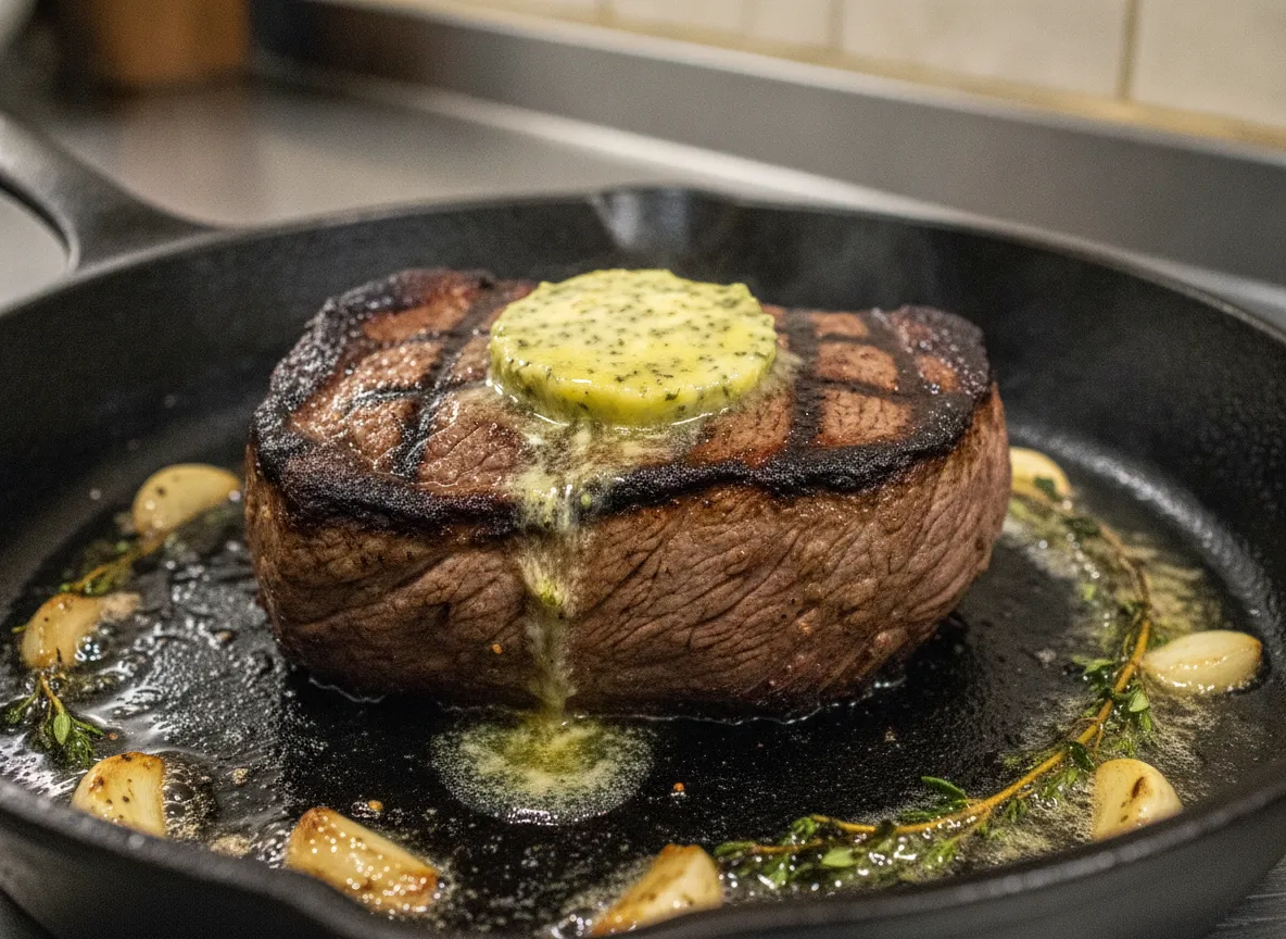 Venison steak with herb butter and roasted garlic