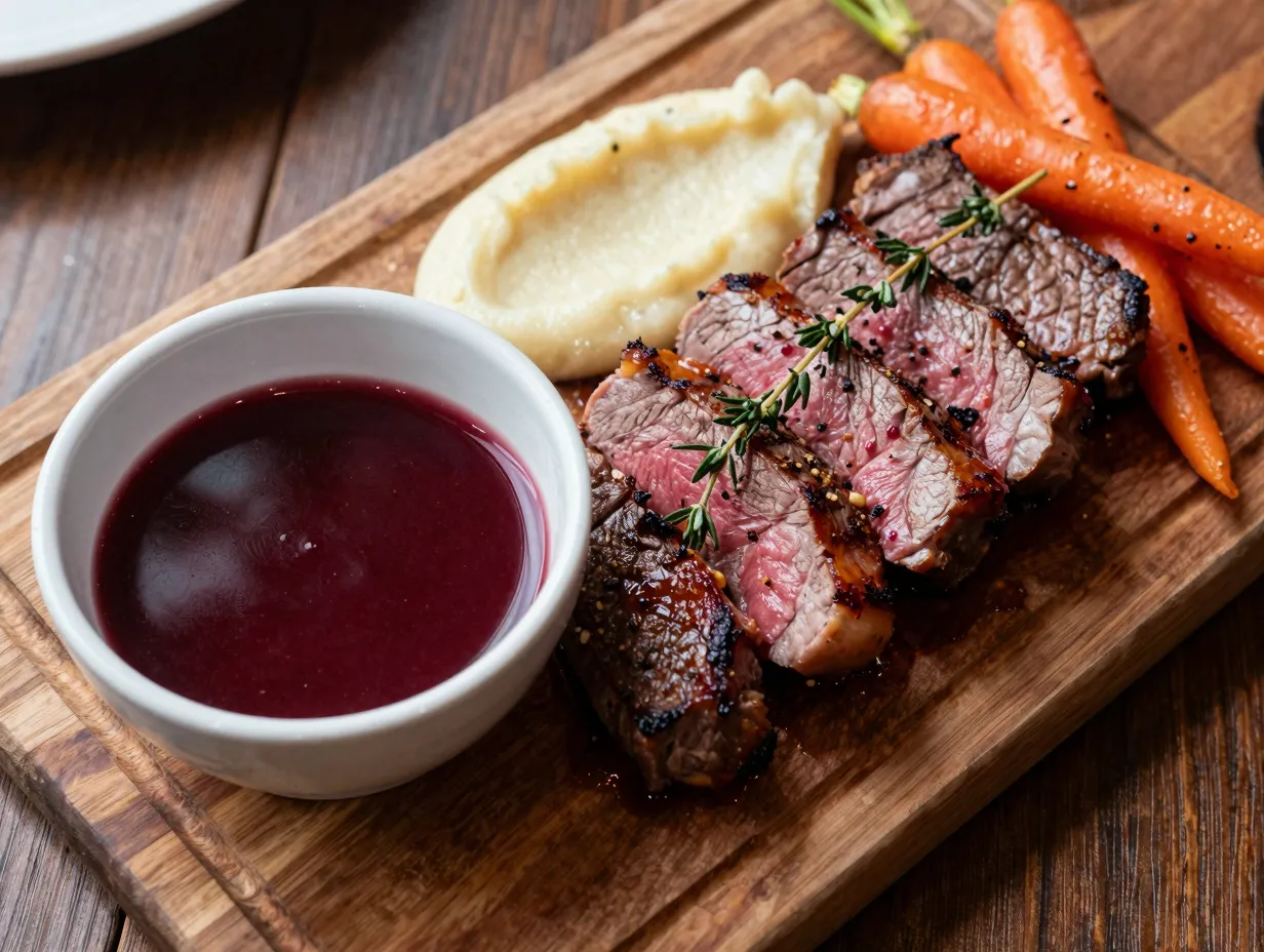 1 classic pan seared venison backstrap with red wine reduction