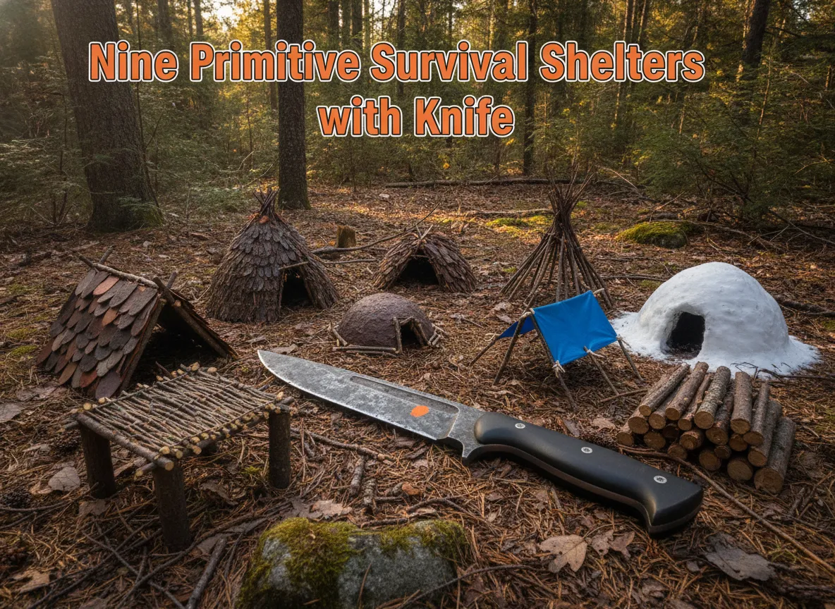 Nine primitive survival shelters with knife
