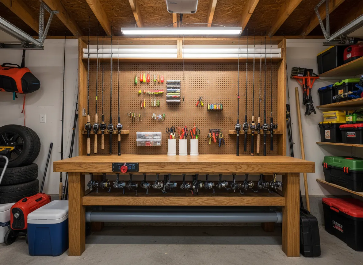 Pvc rod holder integrated into a workbench or tackle station