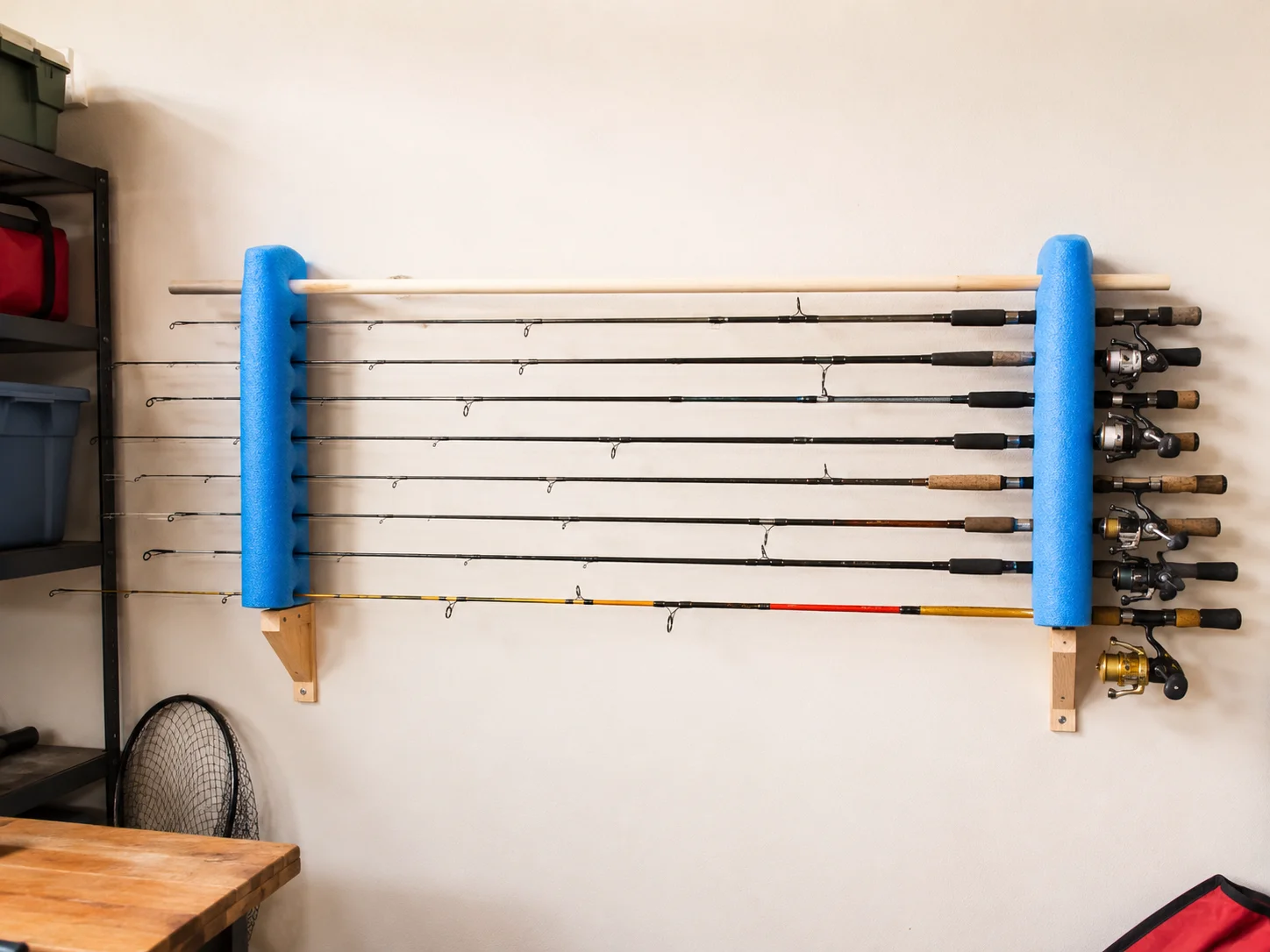 Pool noodle rod rack