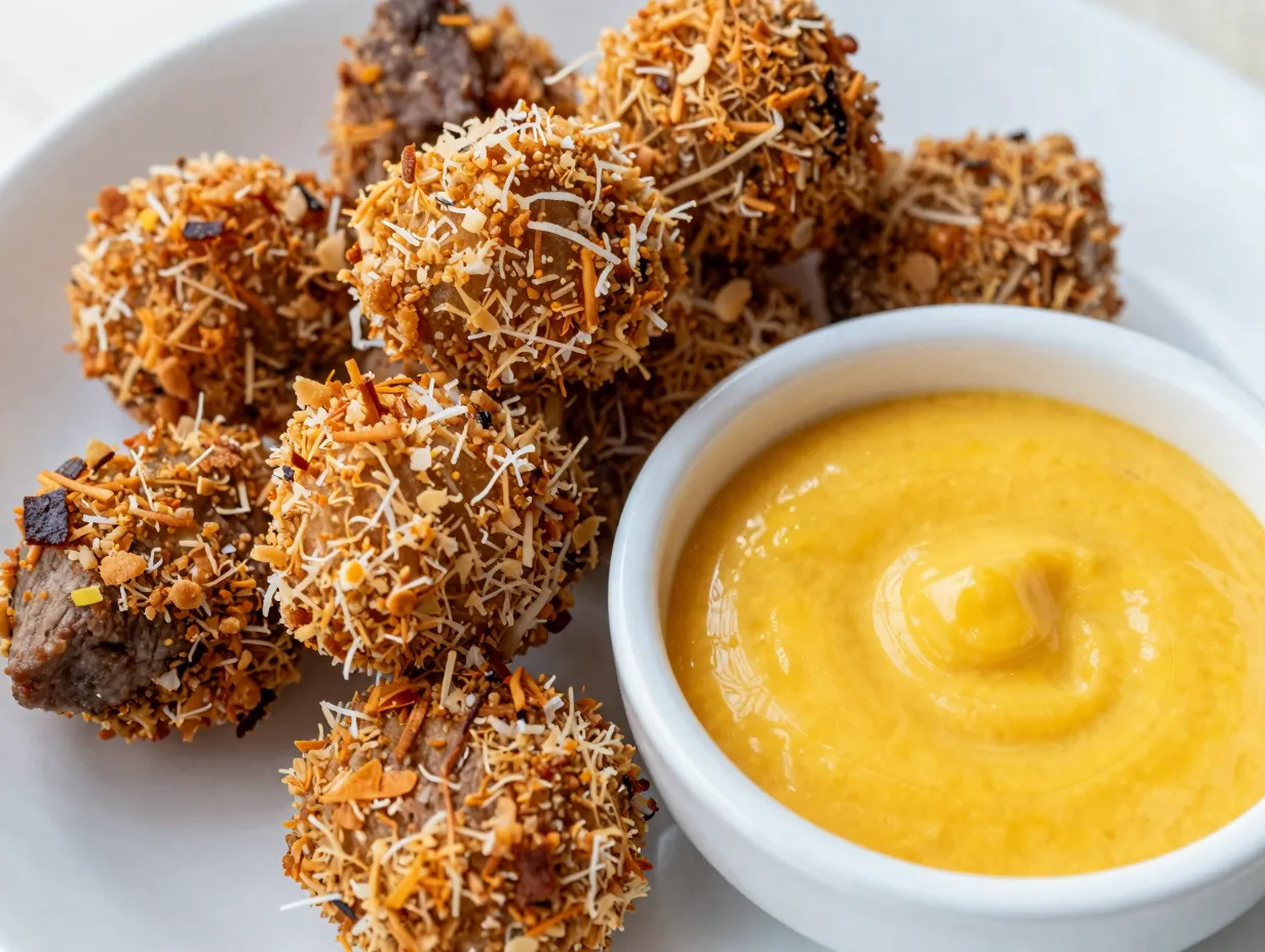 Coconut crusted venison bites with mango dipping sauce