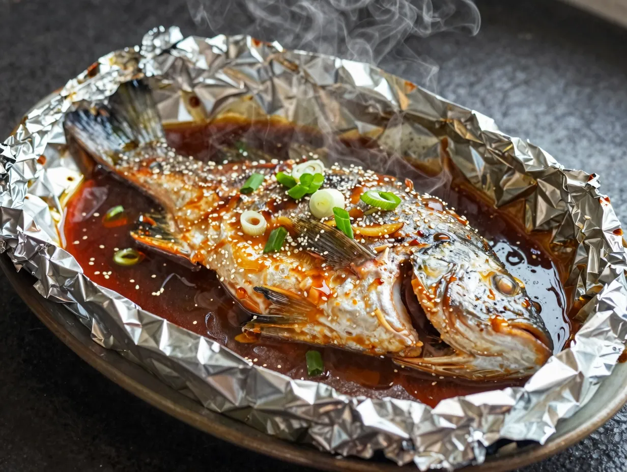 Whole baked snapper with ginger soy and scallions