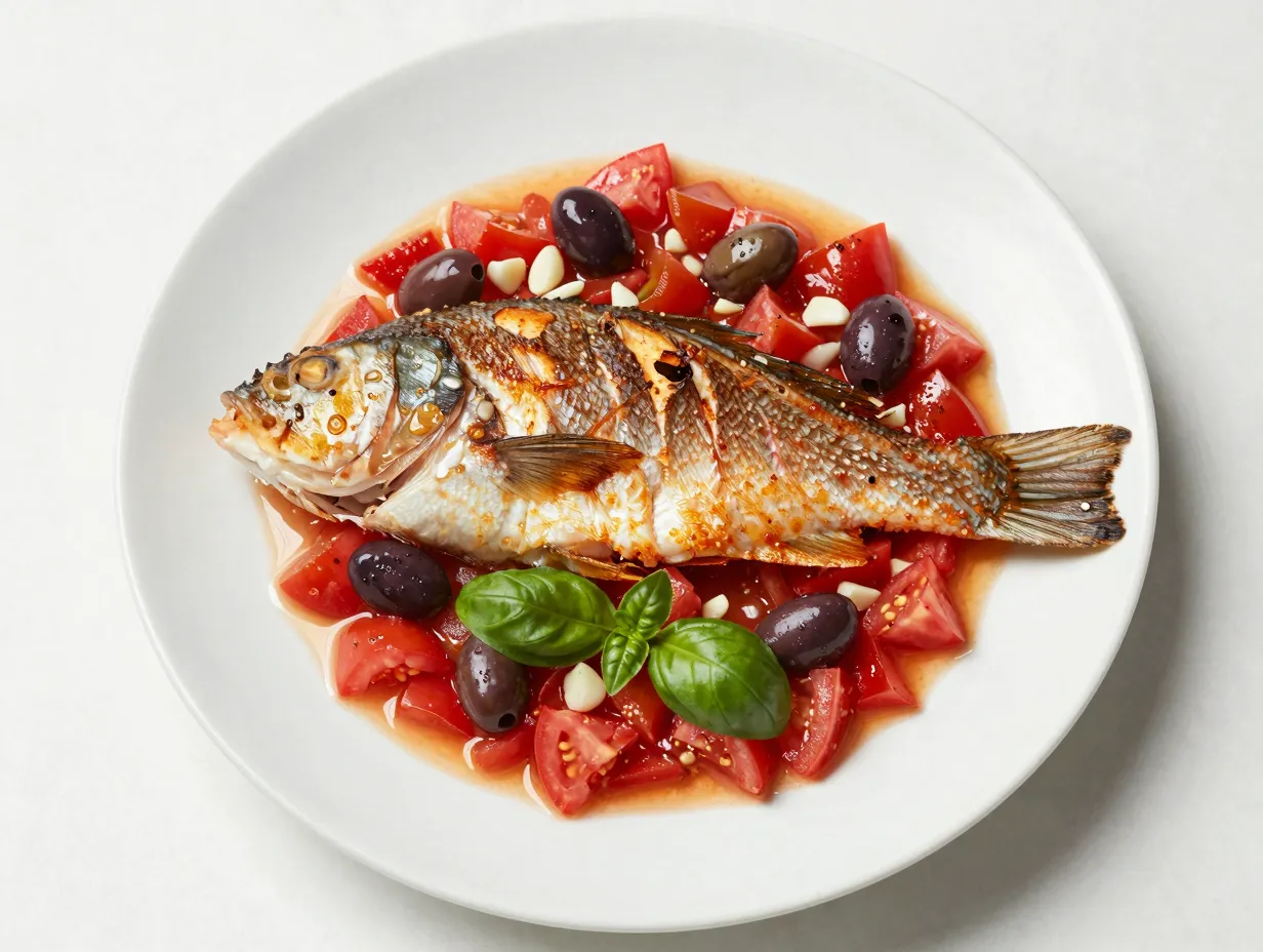 Pan seared snapper with tomato olive relish